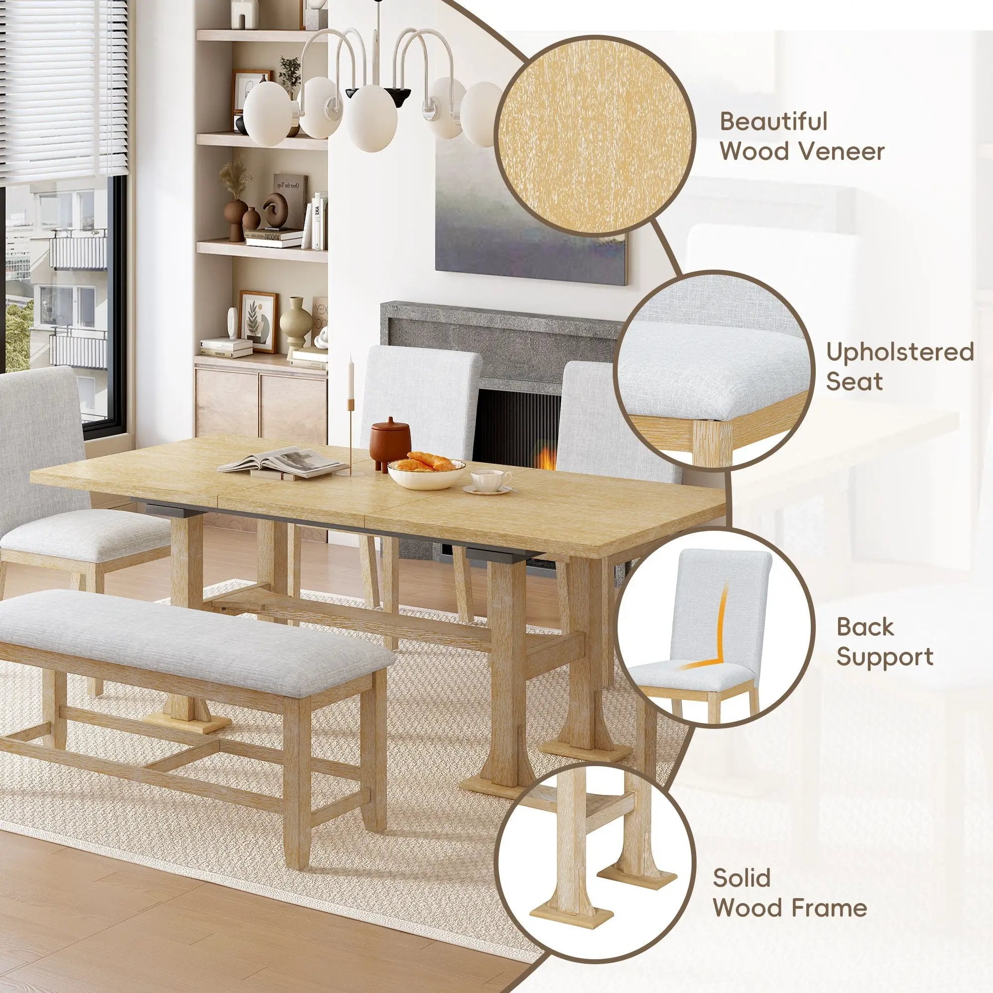 Topmax - 6 Piece Farmhouse Extendable Dining Table Set Trestle Kitchen Table Set With Removable Leaf And Upholstered Dining Chair And Bench For Dining Room by HouseOfZazla