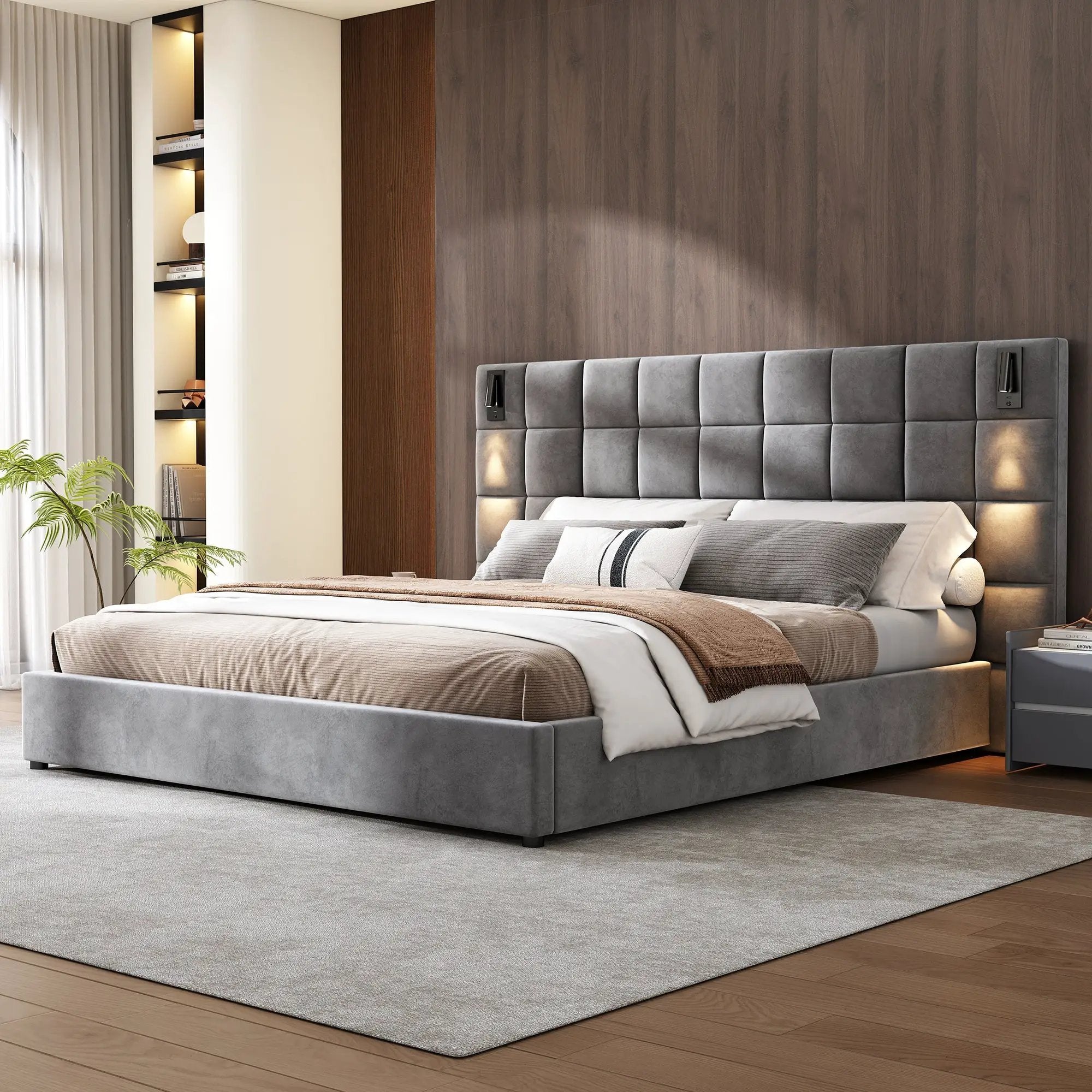 King Size Upholstered Bed Frame with Wall Sconce and USB Port by HouseOfZazla