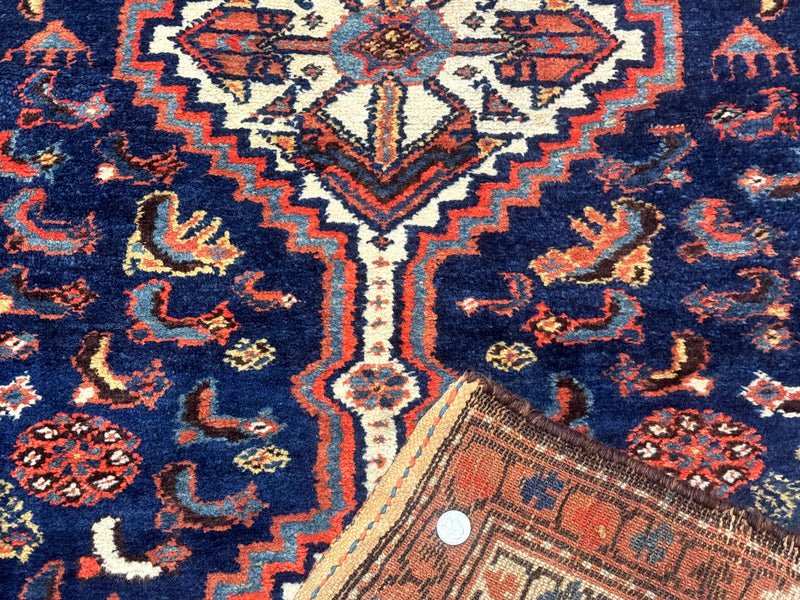 Antique Persian Hamadan Rug 4x6, Geometric, Double Medallions, Navy Blue, Tribal Carpet by Jewel Rugs