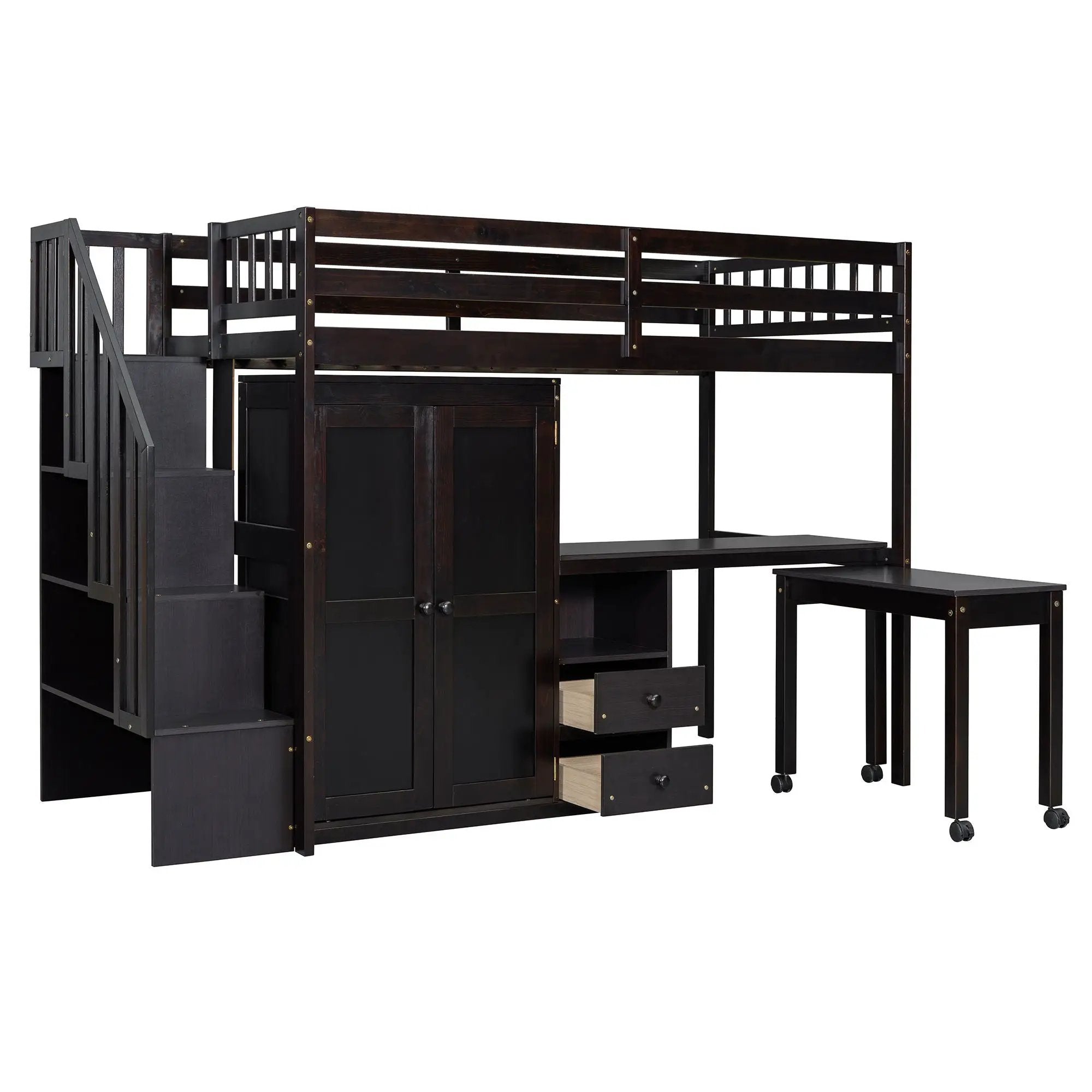 Loft Bed With Stairs, Bookshelf, Drawers, Desk & Wardrobe, Space Saving Multifunctional Furniture by HouseOfZazla