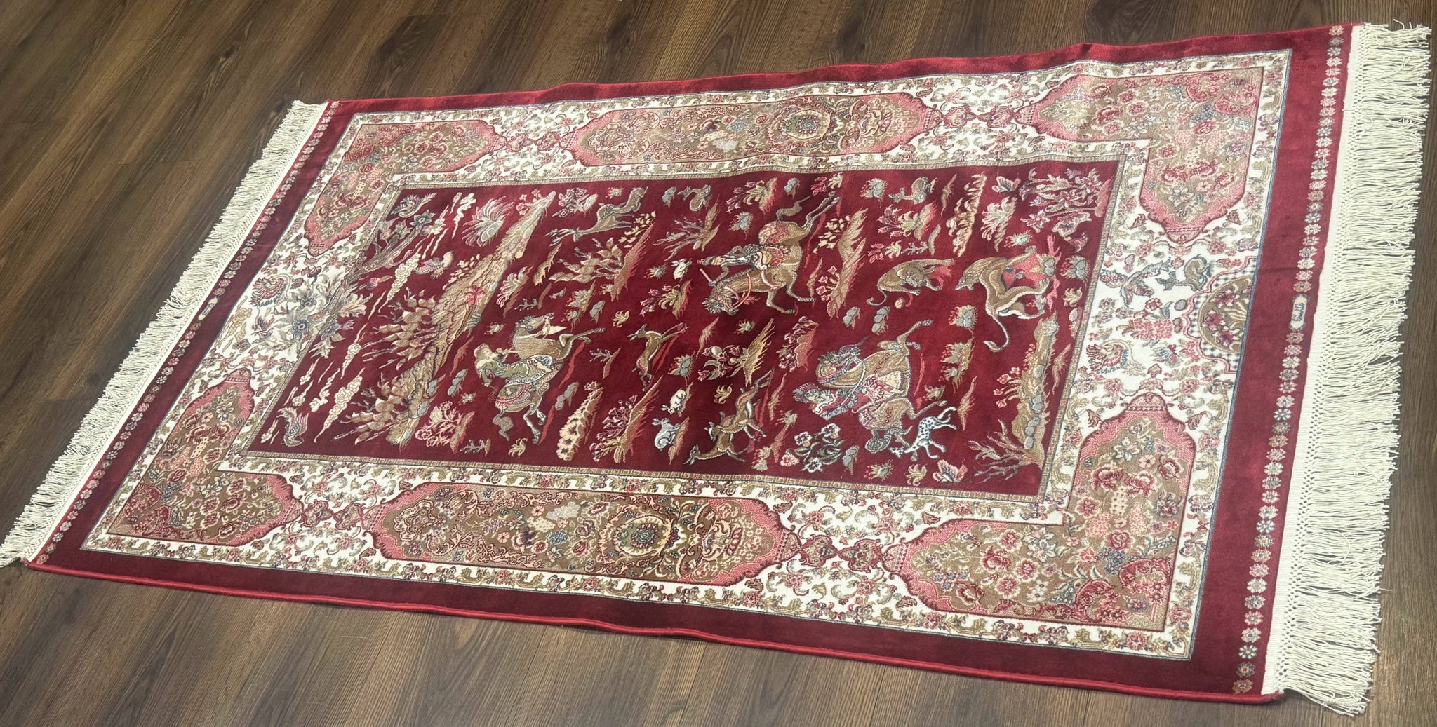 Turkish Silk Rug 3x5, Hunting Design, Dark Red & Ivory, Bamboo Silk, New by Jewel Rugs