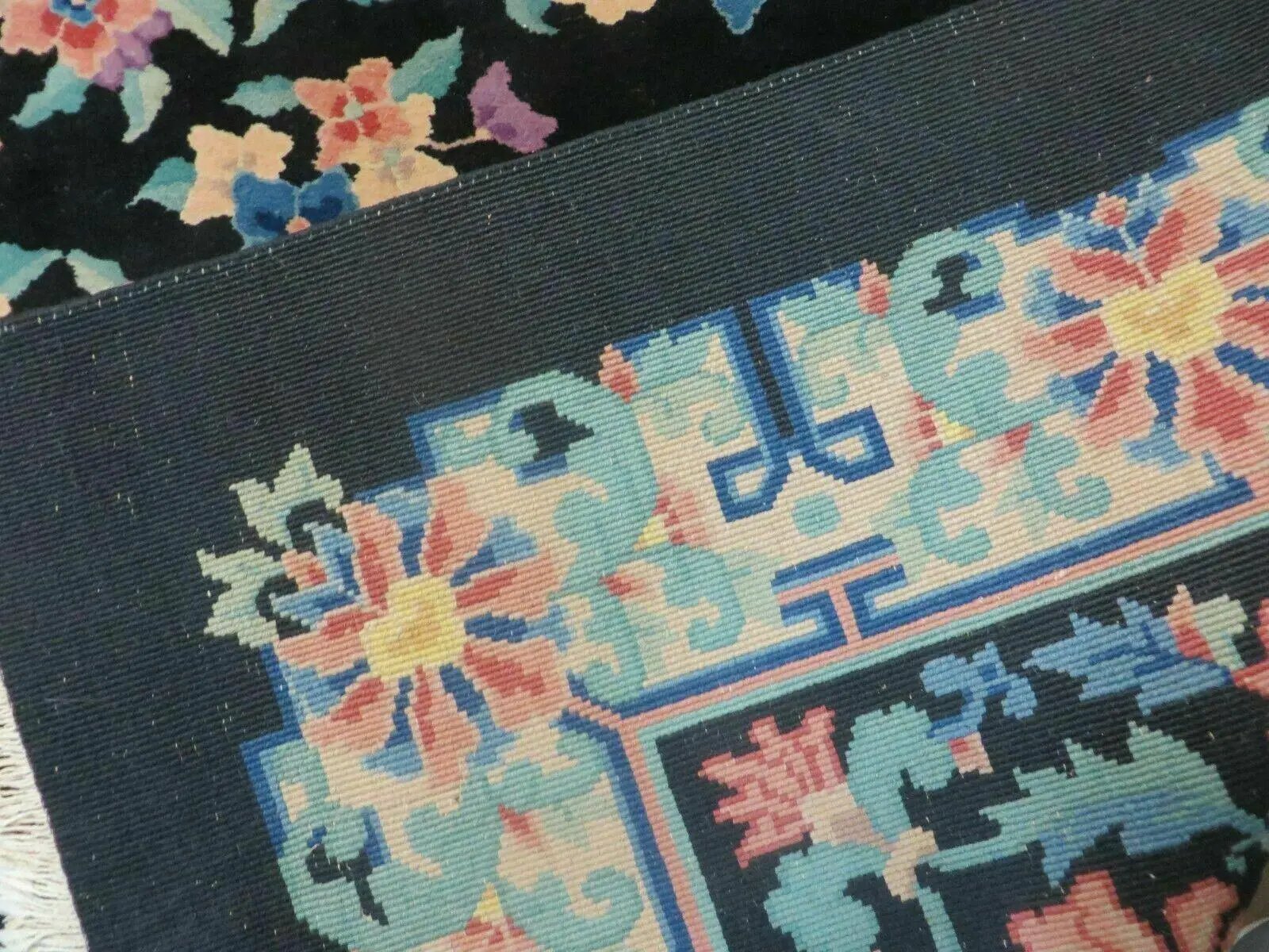 Black Chinese Wool Rug 8x10, Art Deco Floral Carpet, Soft Plush Pile by Jewel Rugs