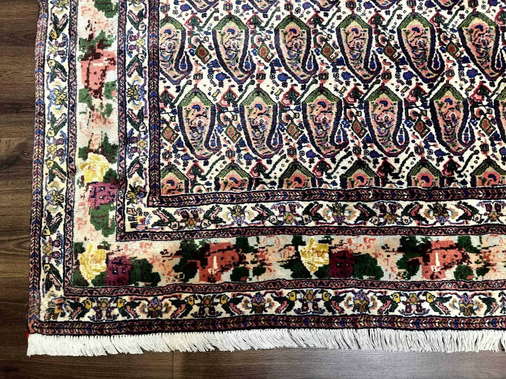 Persian Kurdish Rug 8x11, Repeated Allover Boteh Paisley Design, Bird Pictorials, Rare Antique Sannadaji Carpet by Jewel Rugs