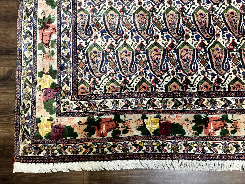 Persian Kurdish Rug 8x11, Repeated Allover Boteh Paisley Design, Bird Pictorials, Rare Antique Sannadaji Carpet by Jewel Rugs