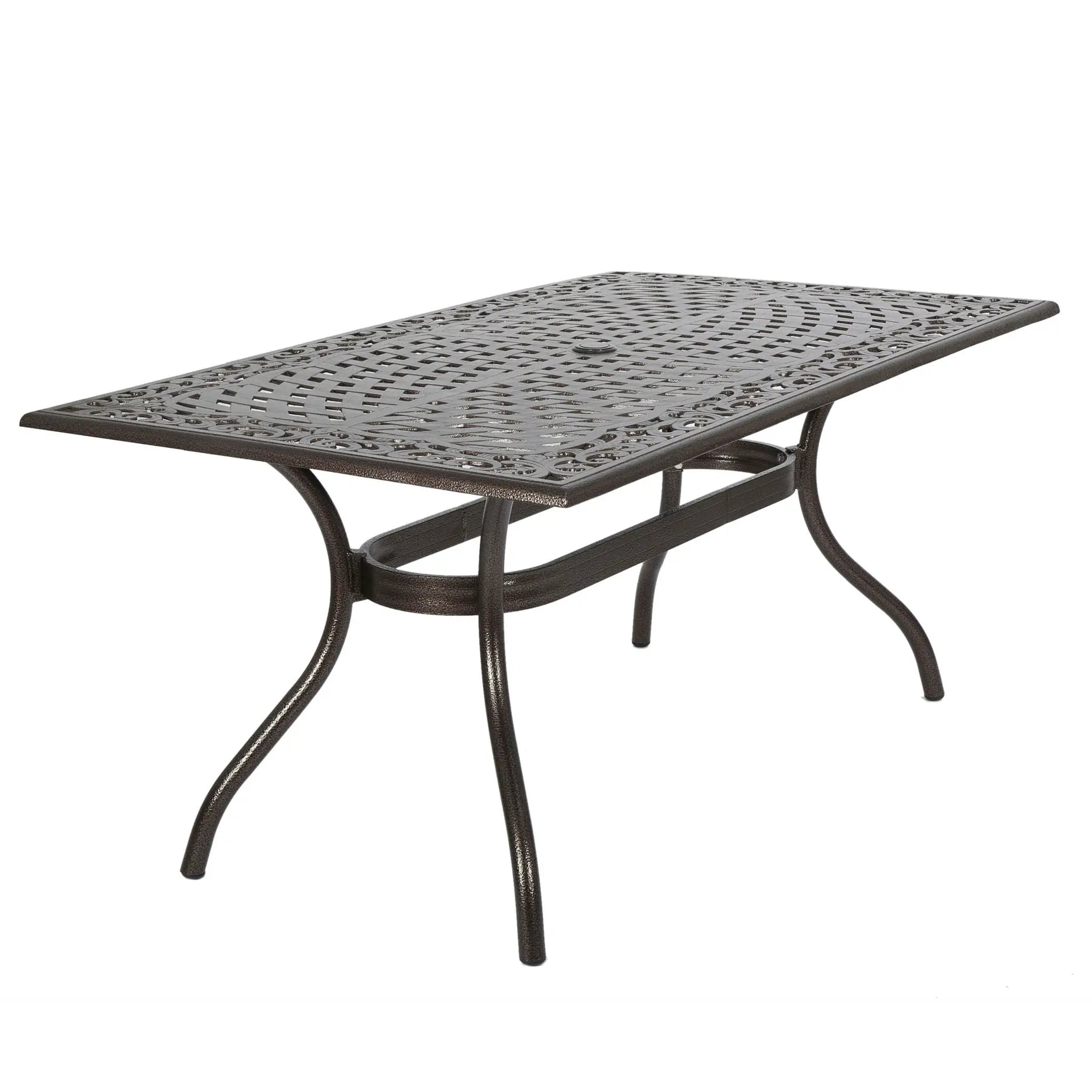 Celestine Outdoor Cast Aluminum Dining Table with Floral Lattice Design and Umbrella Holder by HouseOfZazla