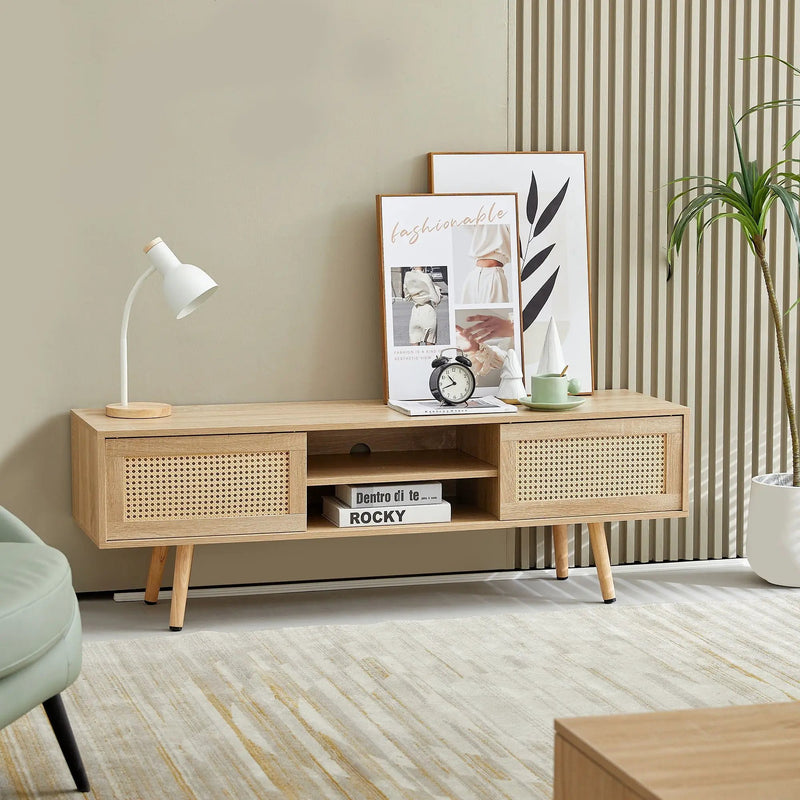 55.12" Rattan TV Cabinet, Double Sliding Doors For Storage, Adjustable Shelf, Solid Wood Legs, TV Console For Living Room by HouseOfZazla