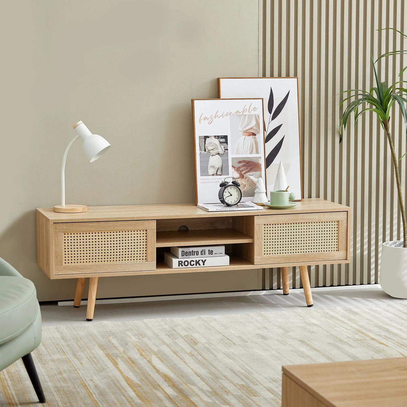 55.12" Rattan TV Cabinet, Double Sliding Doors For Storage, Adjustable Shelf, Solid Wood Legs, TV Console For Living Room by Unique Piece Furniture