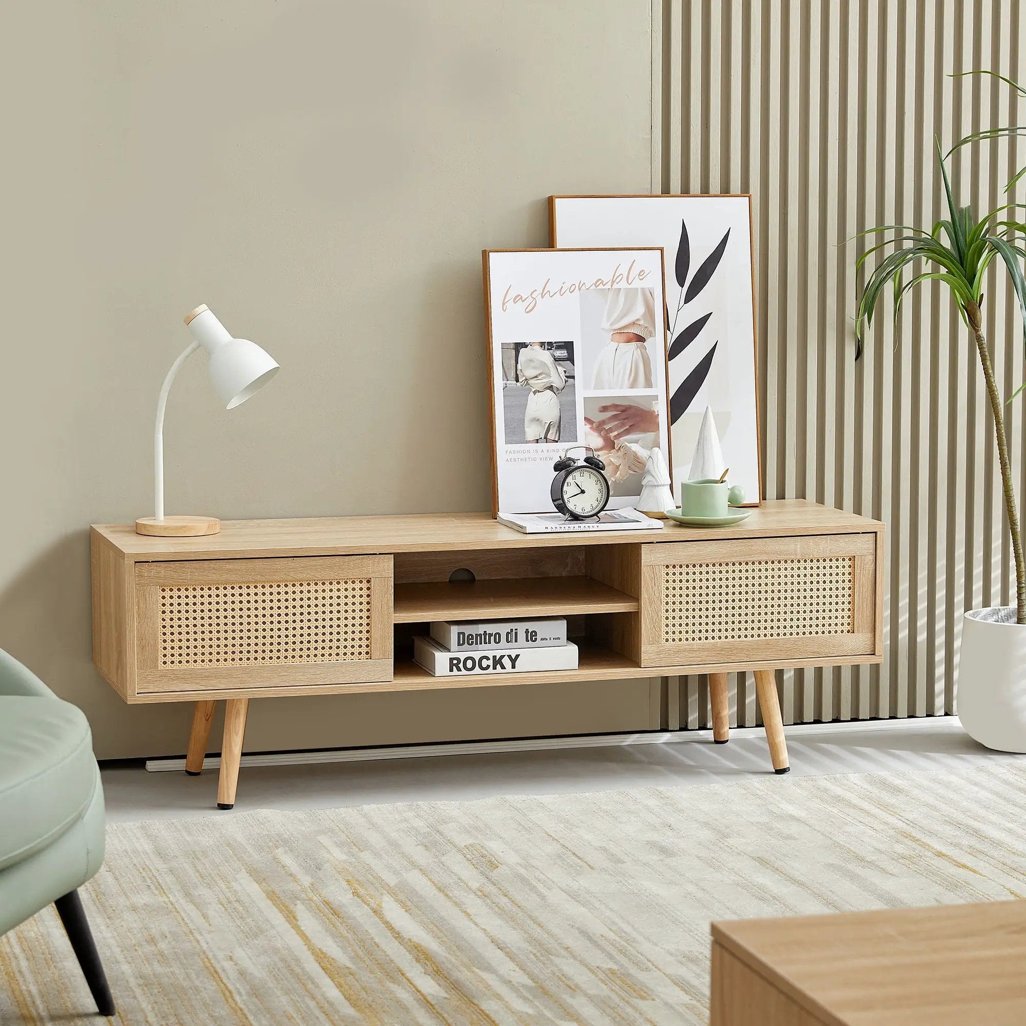55.12" Rattan TV Cabinet, Double Sliding Doors For Storage, Adjustable Shelf, Solid Wood Legs, TV Console For Living Room by Unique Piece Furniture