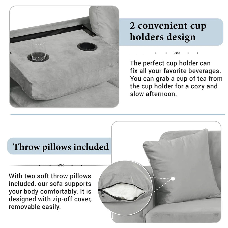 Modern Sectional Sofa With Storage Ottoman, L - Shape Couch With 2 Pillows And Cup Holders by HouseOfZazla