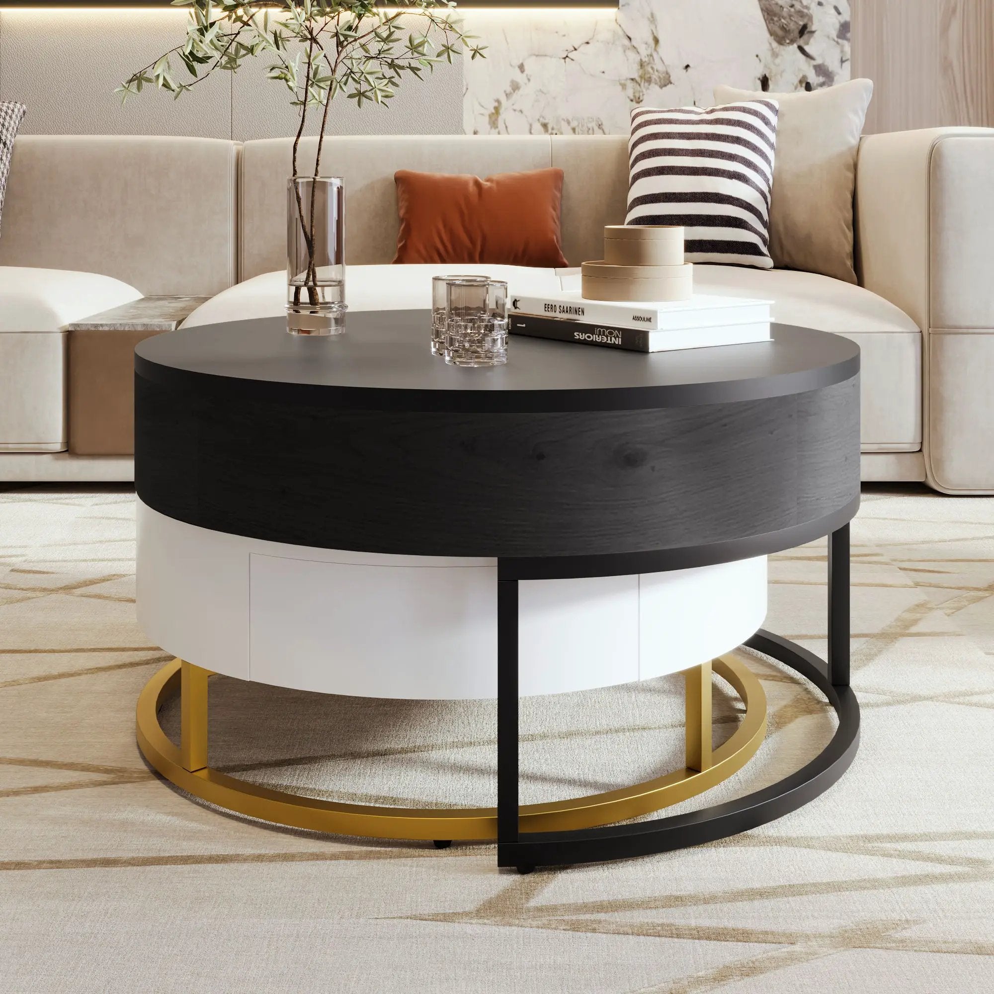 Modern Round Lift-Top Nesting Coffee Tables With 2 Drawers by Unique Piece Furniture