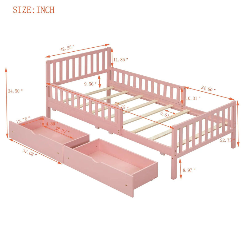 Platform Bed With Guardrails On Both Sides And 2 Storage Drawers by HouseOfZazla