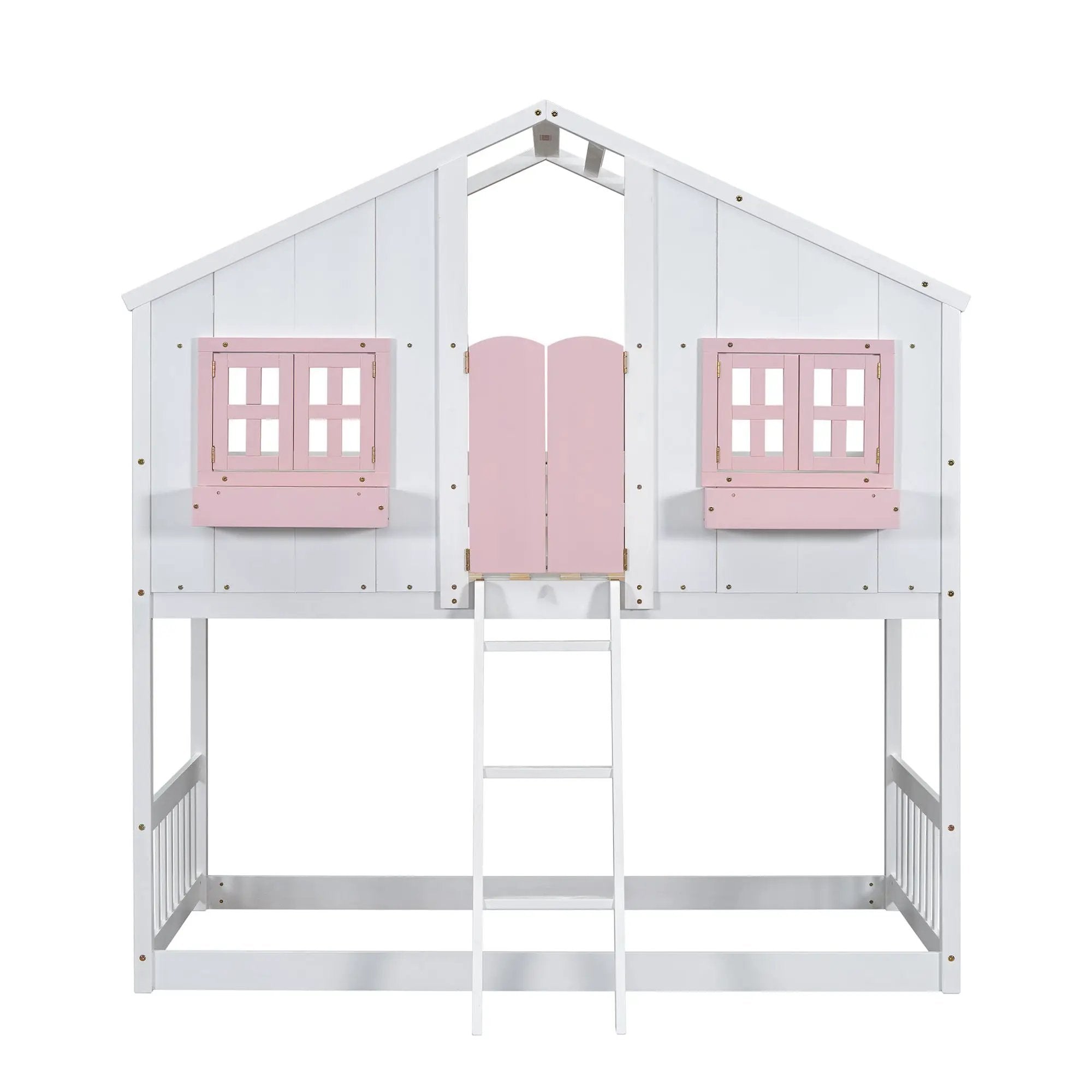 House Bunk Bed With Roof, Window, Window Box, Door, With Safety Guardrails And Ladder by HouseOfZazla