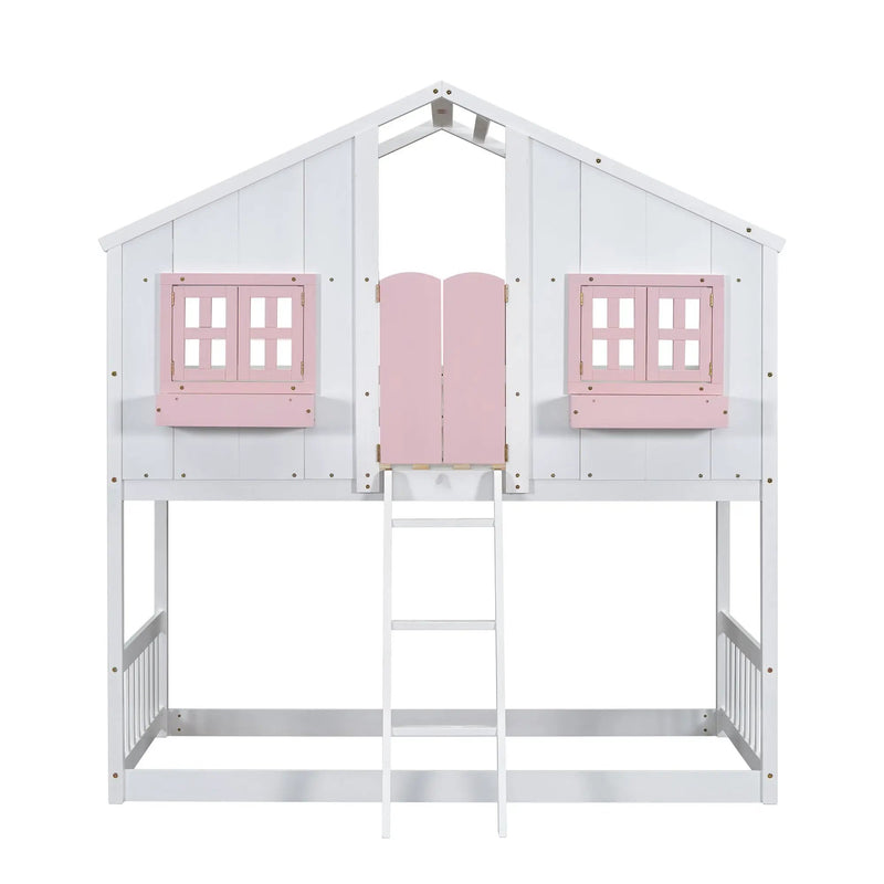 House Bunk Bed With Roof, Window, Window Box, Door, With Safety Guardrails And Ladder by HouseOfZazla
