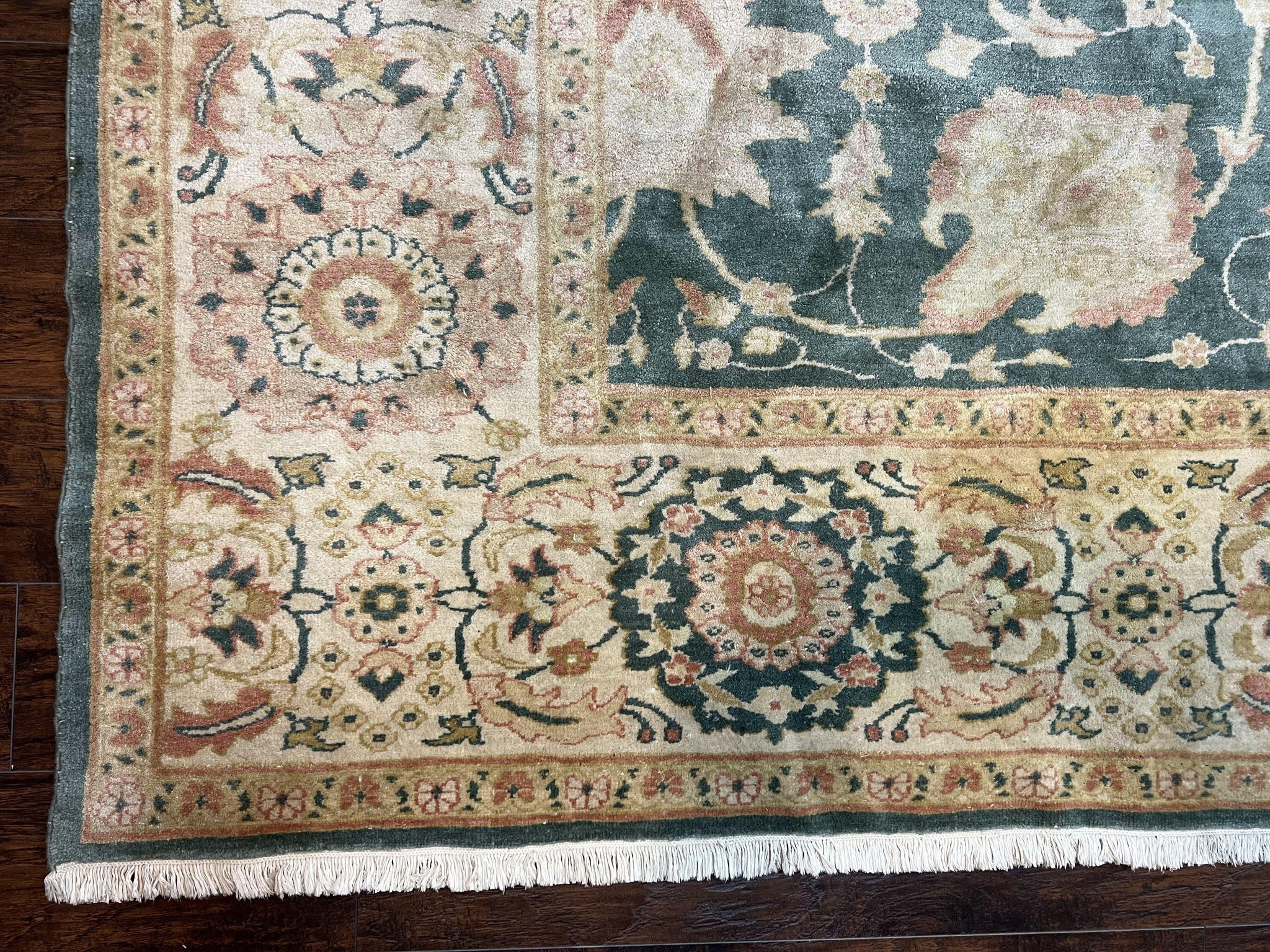 Egyptian Mahal Rug 10x14, Large Vintage Floral Hand Knotted Wool Carpet 10 x 14, Dark Green and Beige Traditional Handmade Persian Area Rug by Jewel Rugs