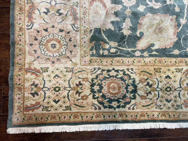 Egyptian Mahal Rug 10x14, Large Vintage Floral Hand Knotted Wool Carpet 10 x 14, Dark Green and Beige Traditional Handmade Persian Area Rug by Jewel Rugs