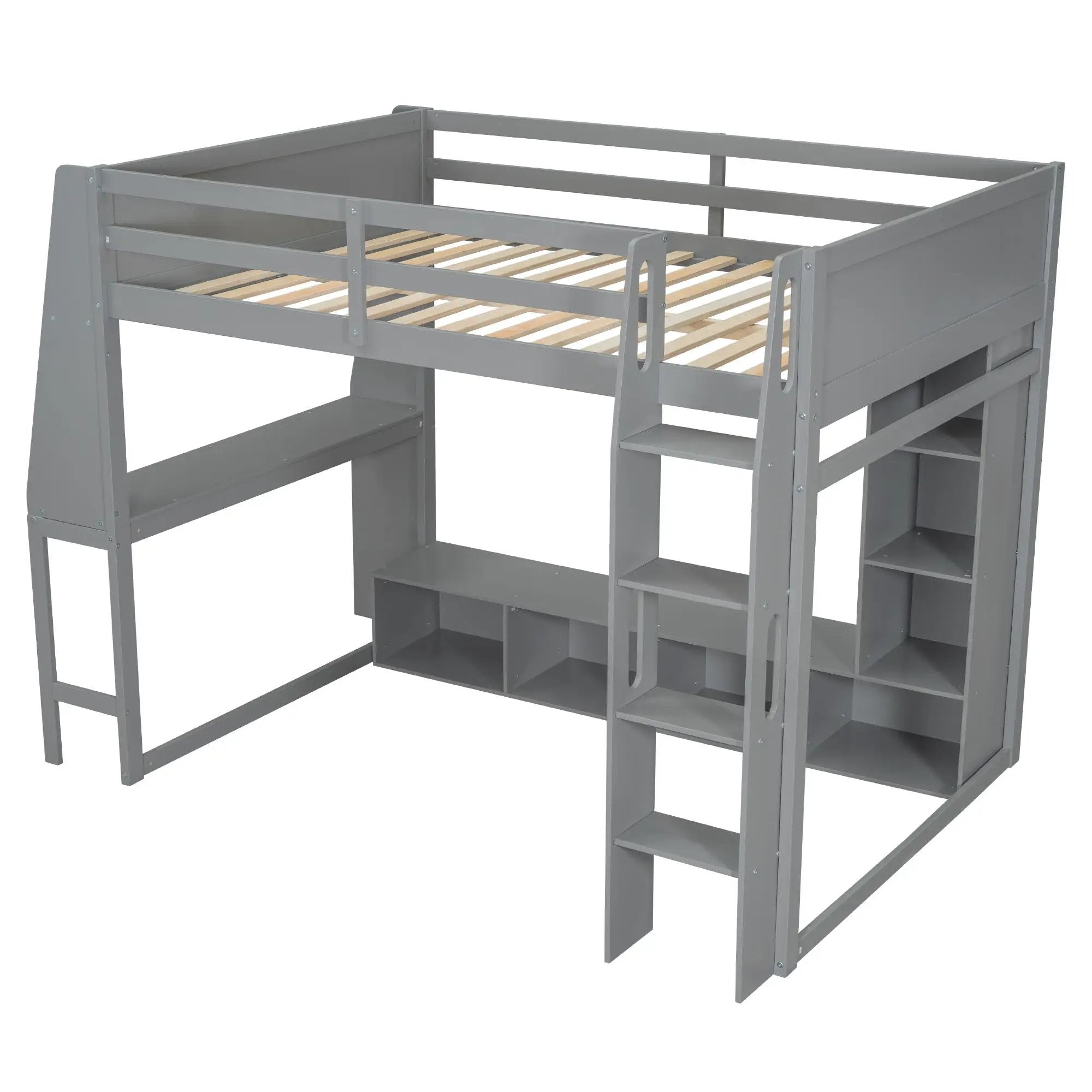 Gaming Loft Bed With Desk, Multi Storage Shelves, LED Lighting, And Hanging Clothes Rack by HouseOfZazla