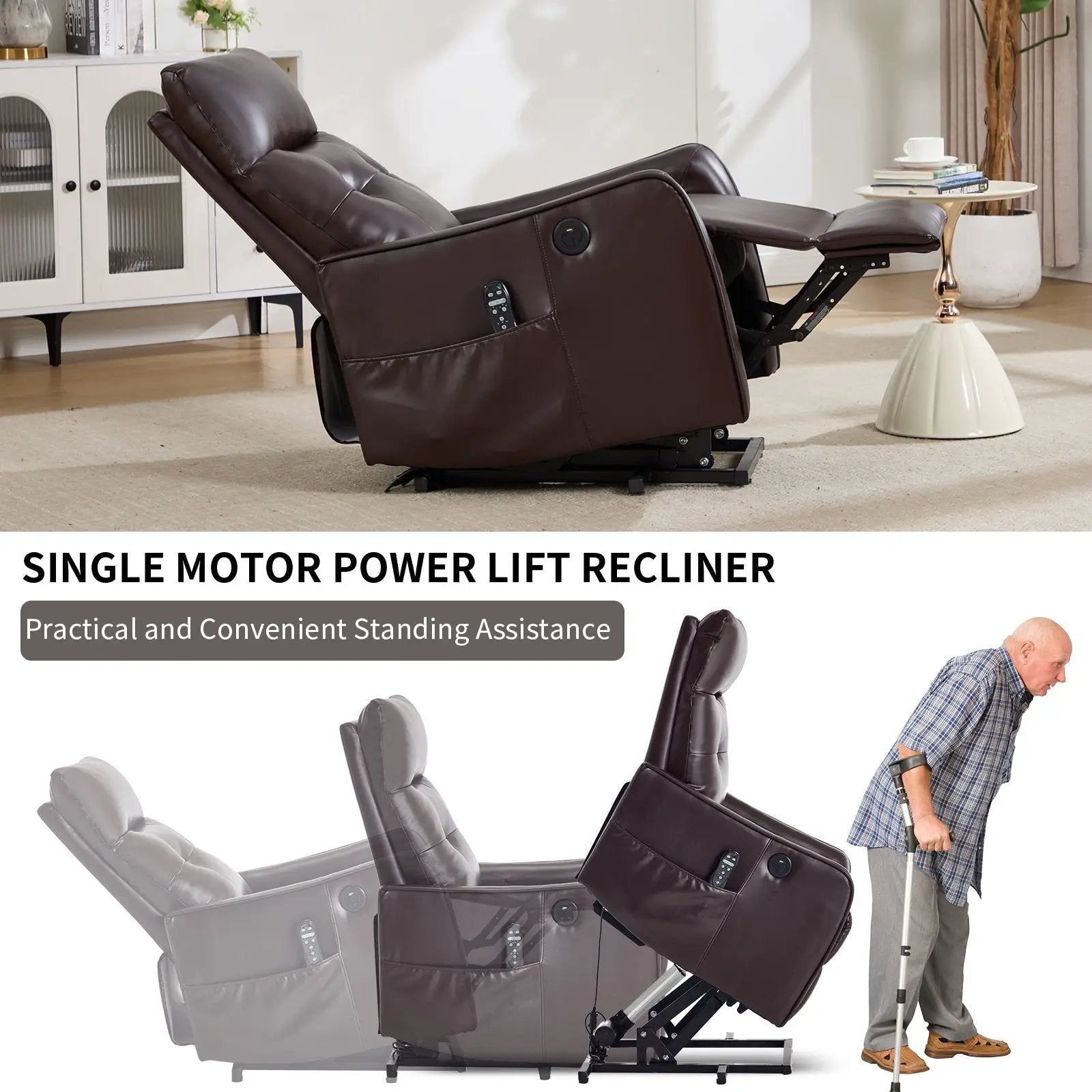 Brown PU Single Motor Power Lift Recliner Chair with Massage & Heat by HouseOfZazla