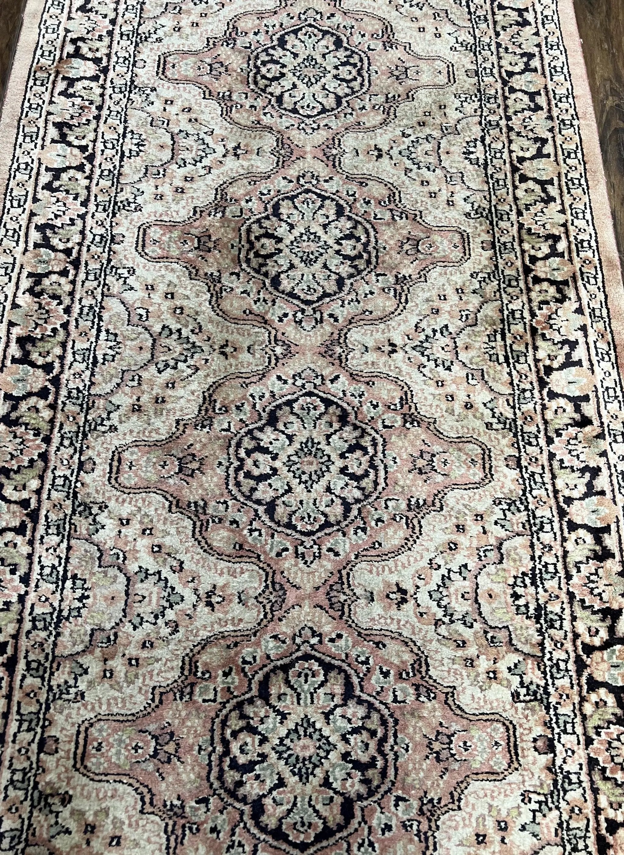 Silk Kashmiri Runner 2.7 x 10 ft Vintage Rug, Ivory Pastel Pink, Hand-Knotted Vintage Runner, Hallway Carpet, Indian Rug Medallion Runner by Jewel Rugs