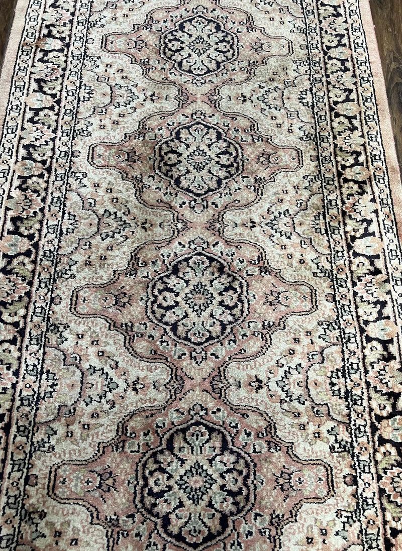 Silk Kashmiri Runner 2.7 x 10 ft Vintage Rug, Ivory Pastel Pink, Hand-Knotted Vintage Runner, Hallway Carpet, Indian Rug Medallion Runner by Jewel Rugs