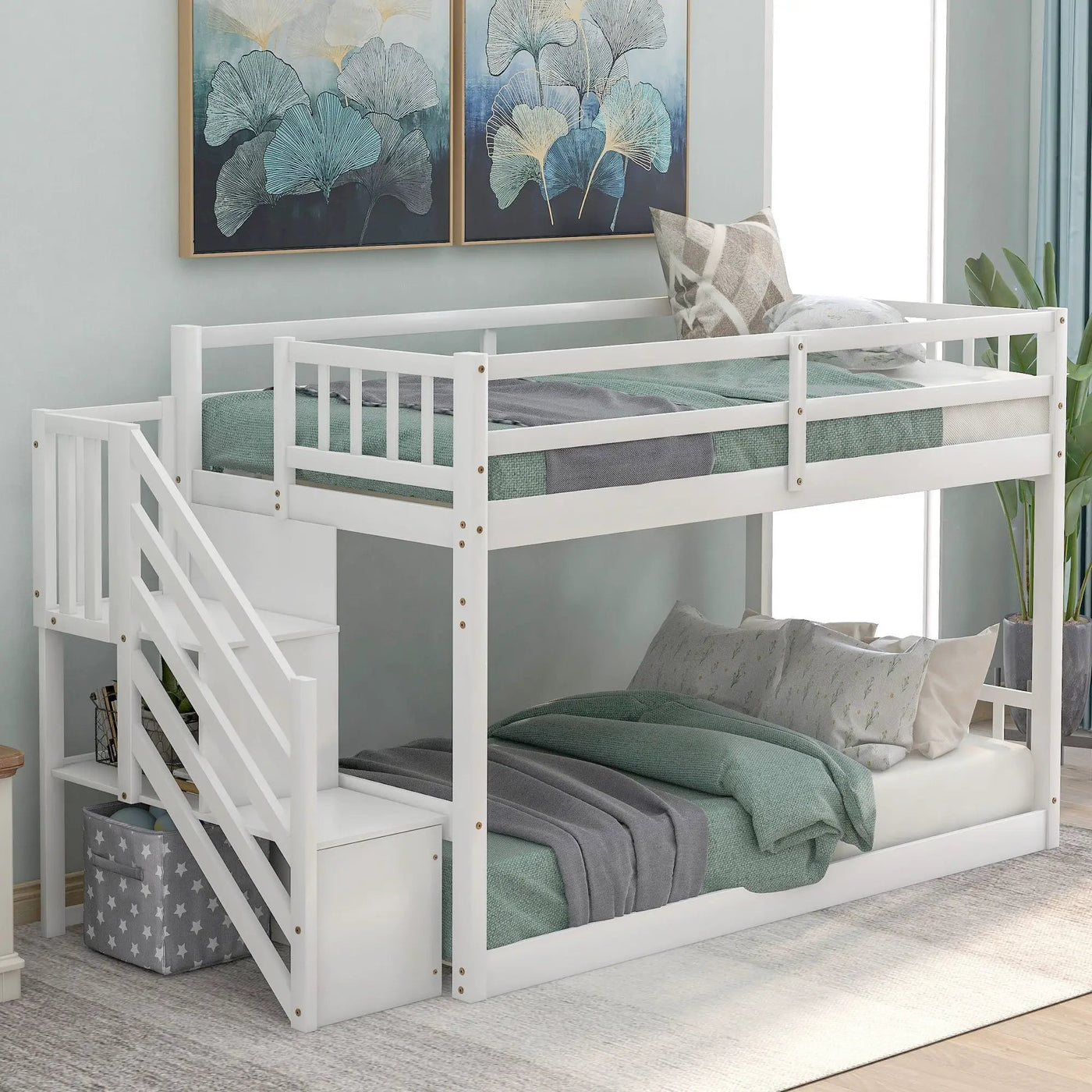 Twin Over Twin Floor Bunk Bed, Ladder With Storage by HouseOfZazla