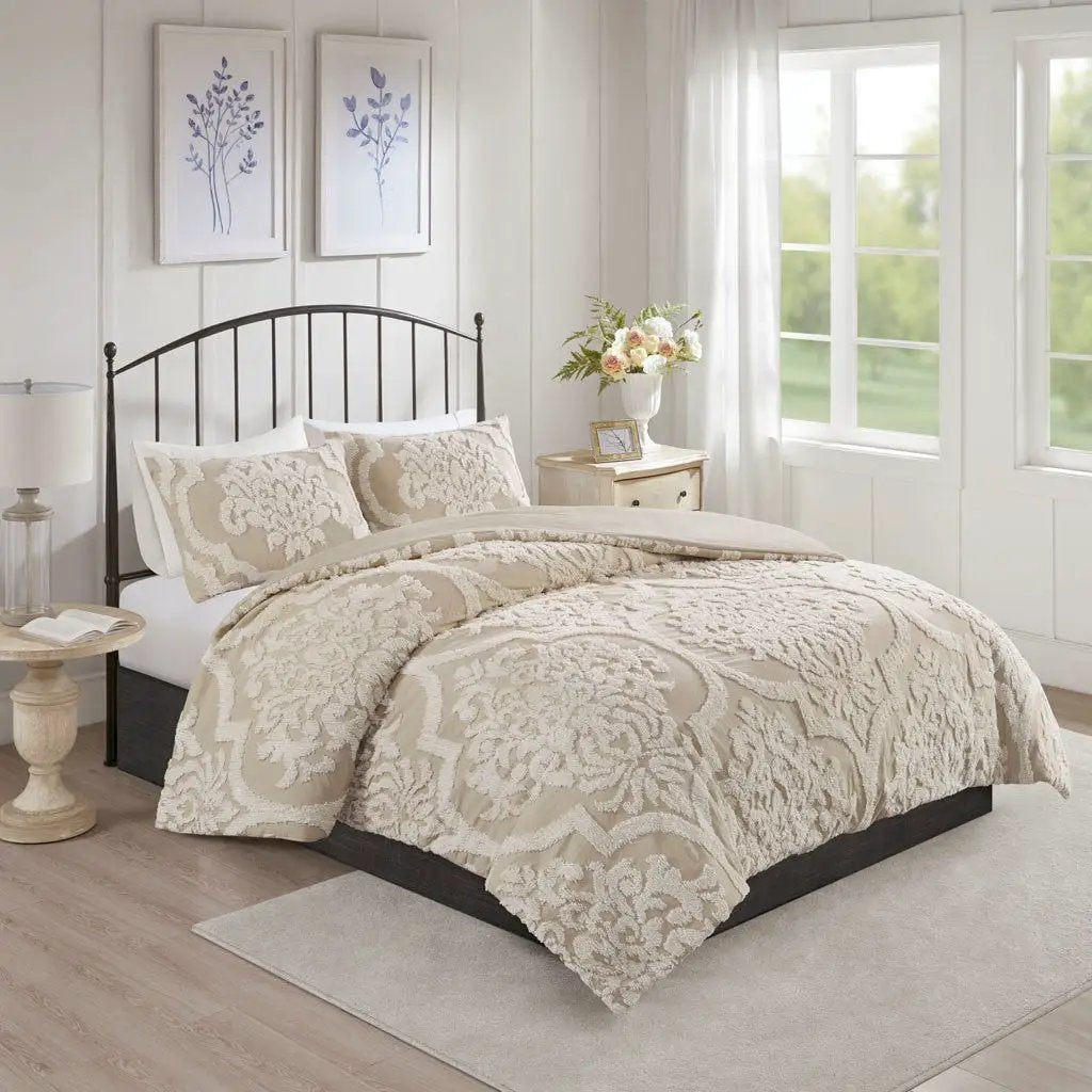 King/Cal King 3 Piece Tufted Cotton Chenille Damask Duvet Cover Set by HouseOfZazla