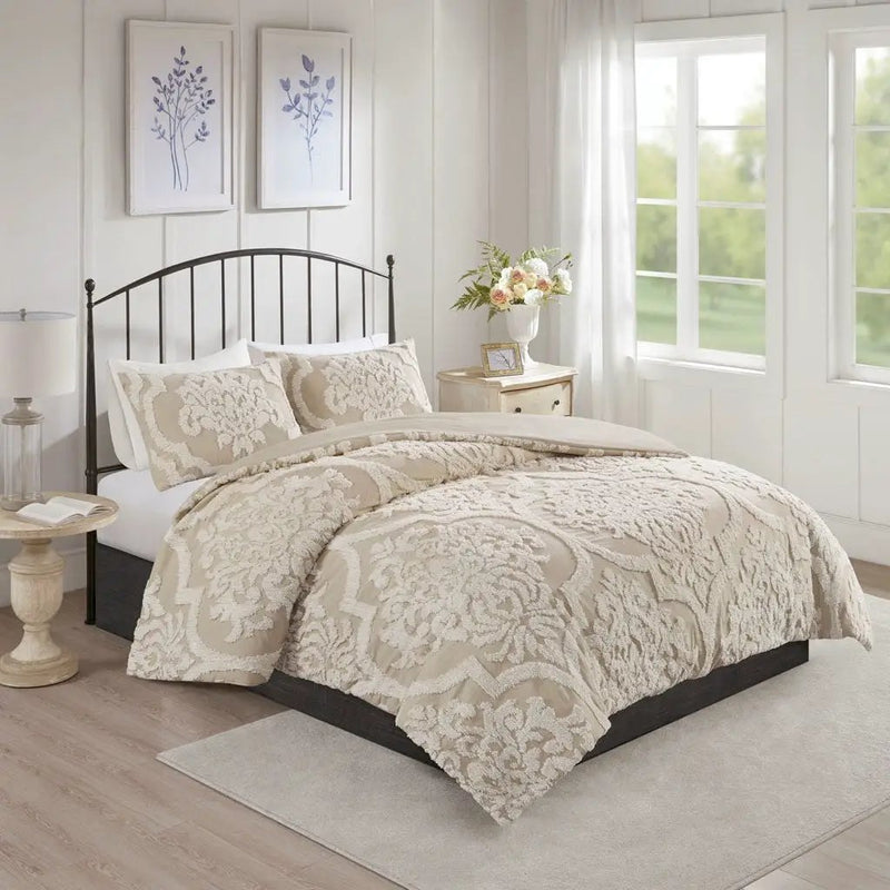 King/Cal King 3 Piece Tufted Cotton Chenille Damask Duvet Cover Set by HouseOfZazla
