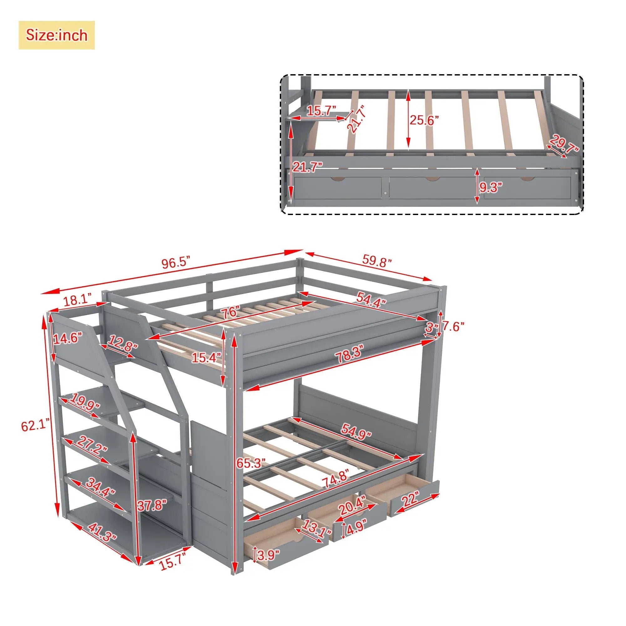 Wood Full Size Convertible Bunk Bed With Storage Staircase, Bedside Table, And 3 Drawers - Gray by Unique Piece Furniture