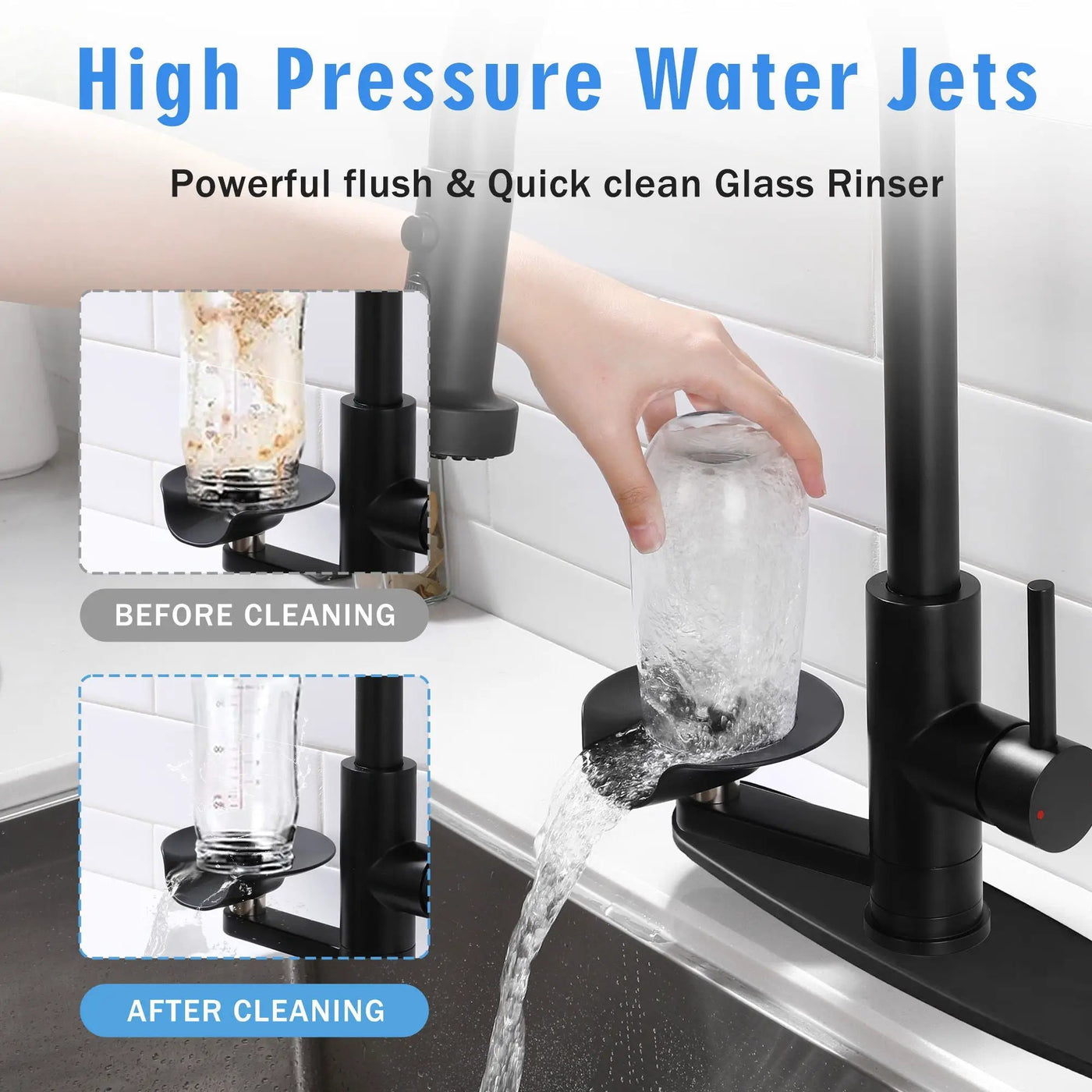 3 In 1 Kitchen Faucet With Press Type Glass Rinser, High Arc Pull Down Sprayer by HouseOfZazla