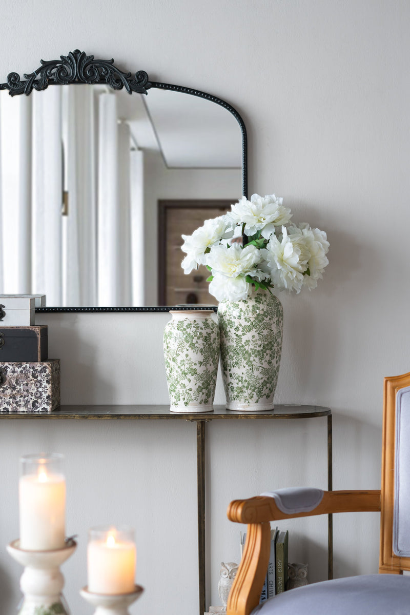 7.7x7.7x14.6' White Ceramic Flower Vase with Green Floral Pattern by HouseOfZazla