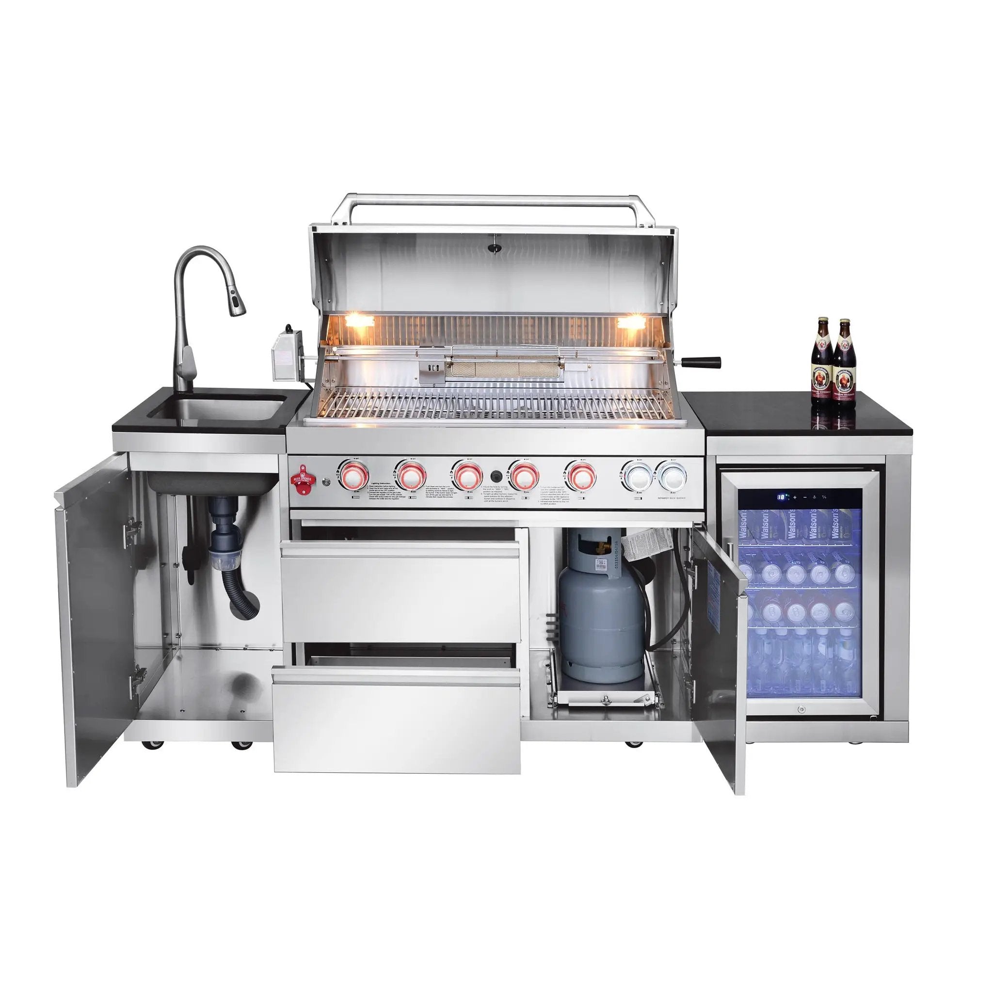 82.5" 6-Burner 83,500 BTU Silver Outdoor Kitchen Island Grill +Sink + Refrigerator by Chery Industrial