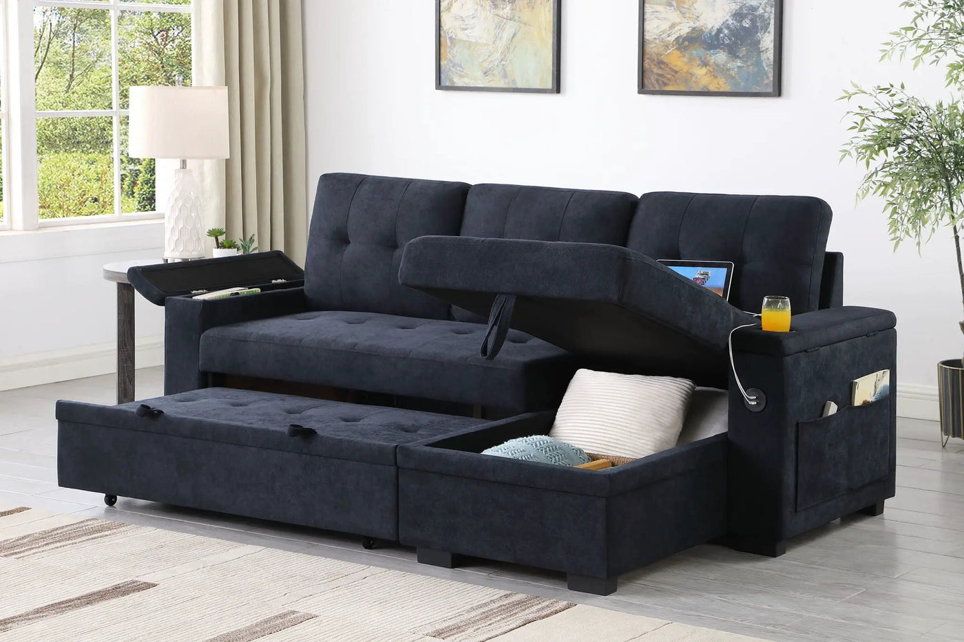 Ashlyn II - 84"W Woven Fabric Reversible Sleeper Sectional Sofa with Storage Chaise by Unique Piece Furniture