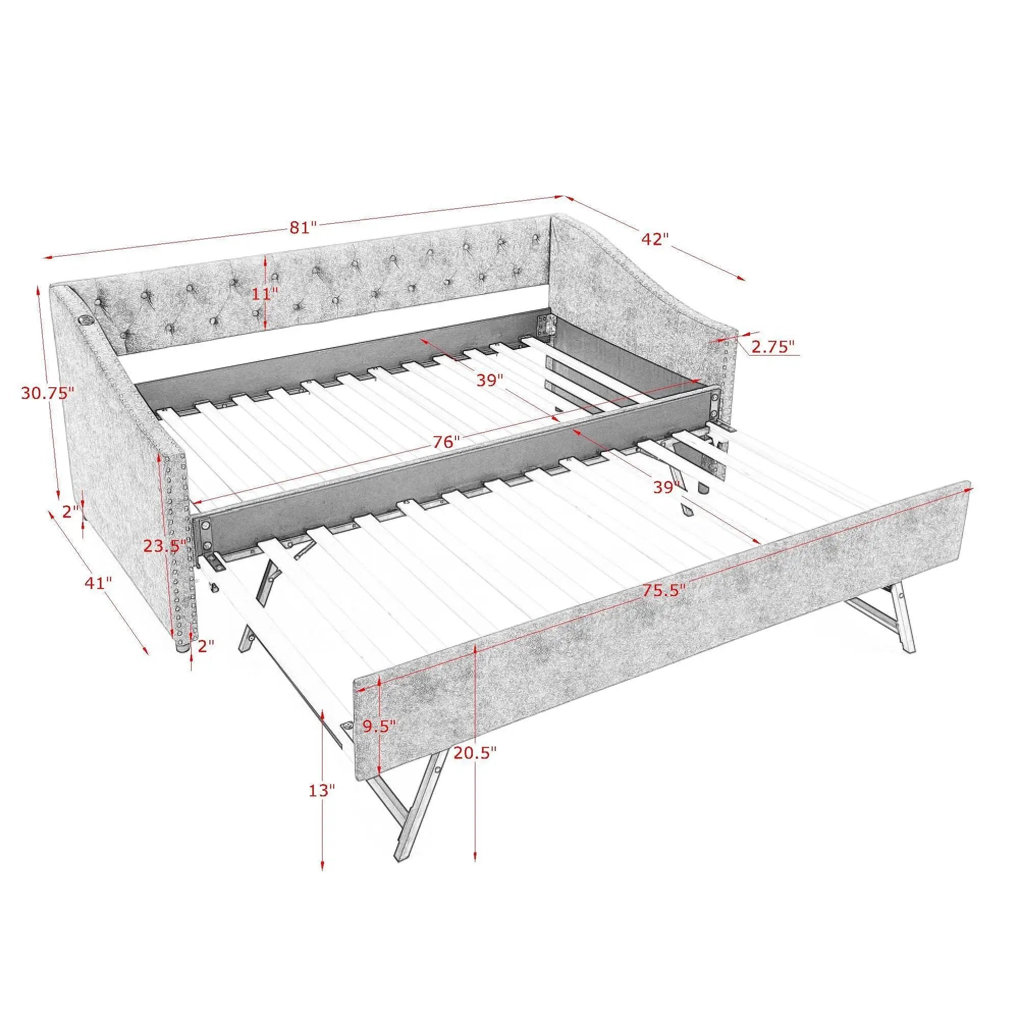 Upholstered Daybed With USB Charging & Pull Out Bed