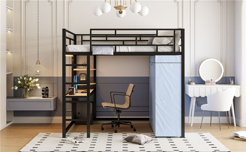 Loft Bed With Desk, Shelves, Power Outlet, LED Light And Wardrobe by HouseOfZazla