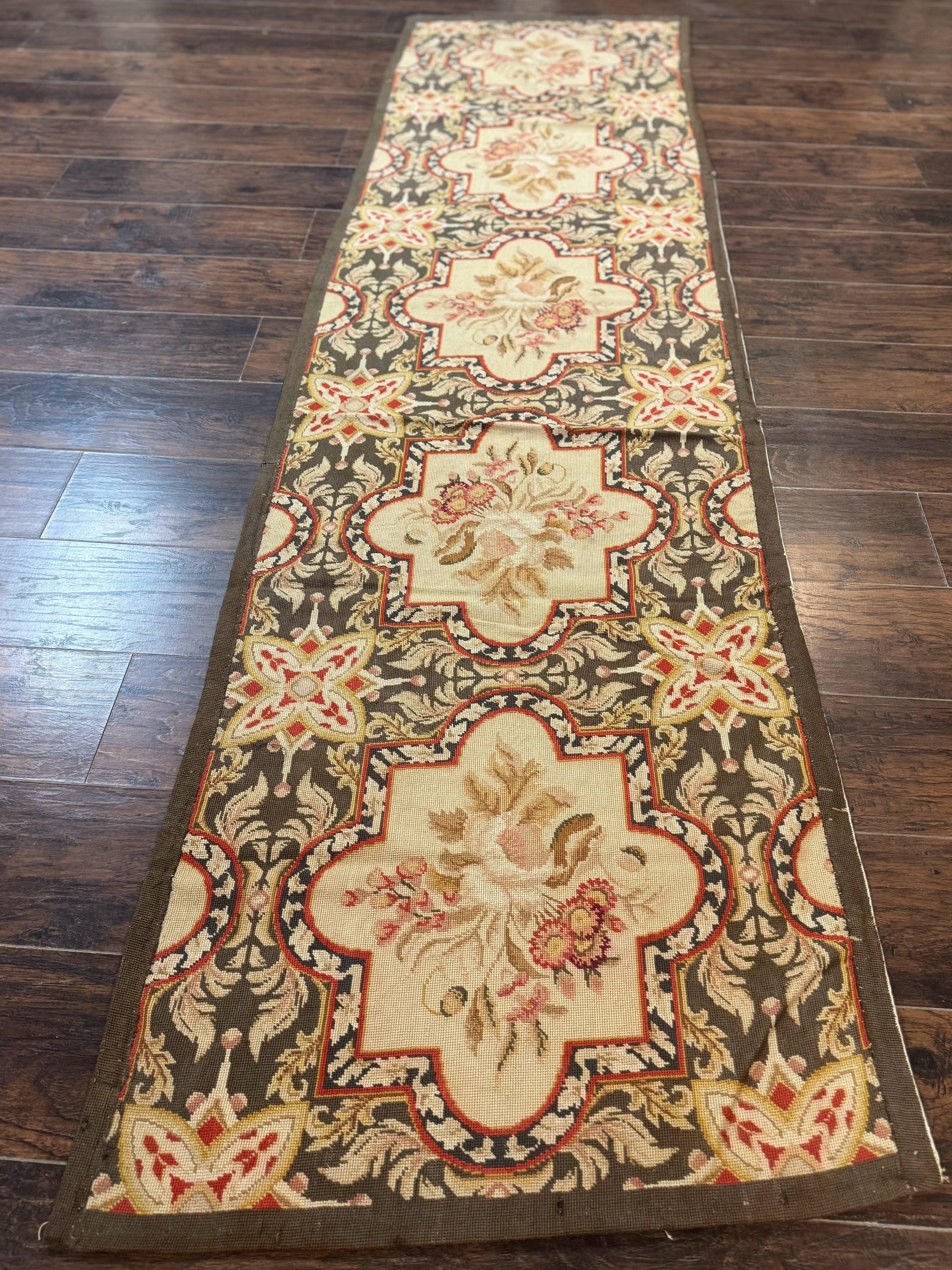 Needlepoint Runner Rug 2.7 x 9.7, European French Design, Wool, Handmade, Vintage by Jewel Rugs