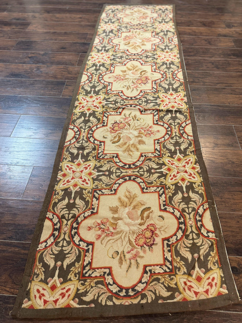 Needlepoint Runner Rug 2.7 x 9.7, European French Design, Wool, Handmade, Vintage by Jewel Rugs