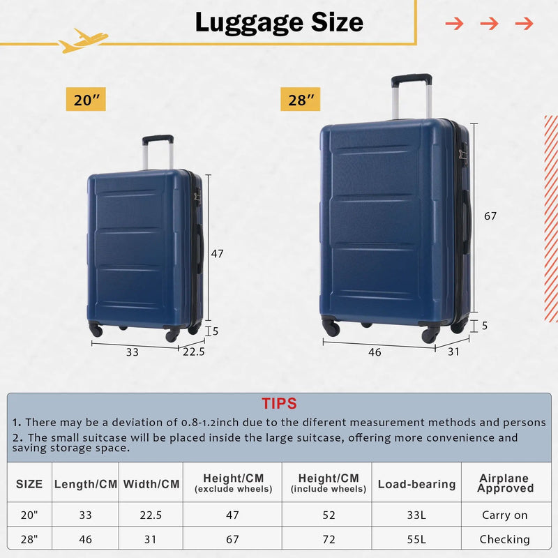 2 Piece Luggage Set With Bags Expanable Spinner Wheels ABS Lightweight Suitcase With Tsa Lock 20" / 28" by HouseOfZazla