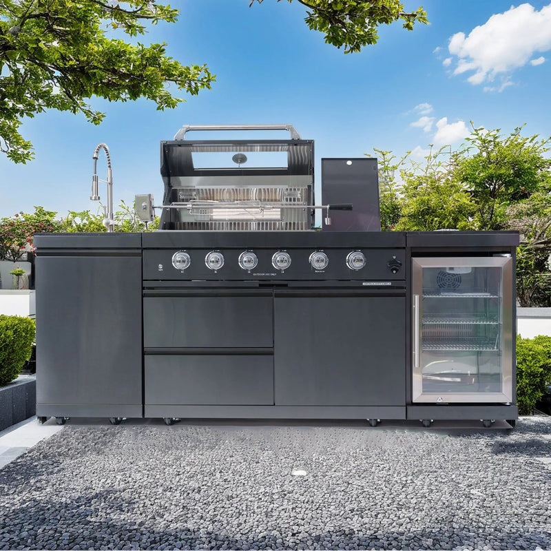 NG 85" 4-Burner 72,000 BTU Black Outdoor Kitchen Island Grill + Refrigerator + Sink by Chery Industrial
