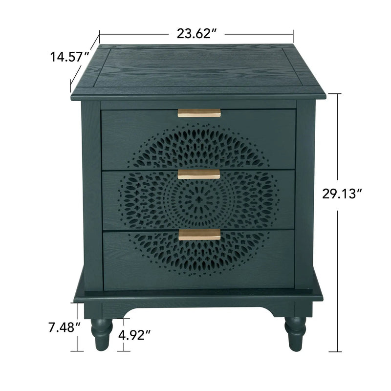 Hollow Carved 3 Drawer Dresser With Metal Handles, Storage Chest For Living Room Or Bedroom - Blackish Green by Unique Piece Furniture