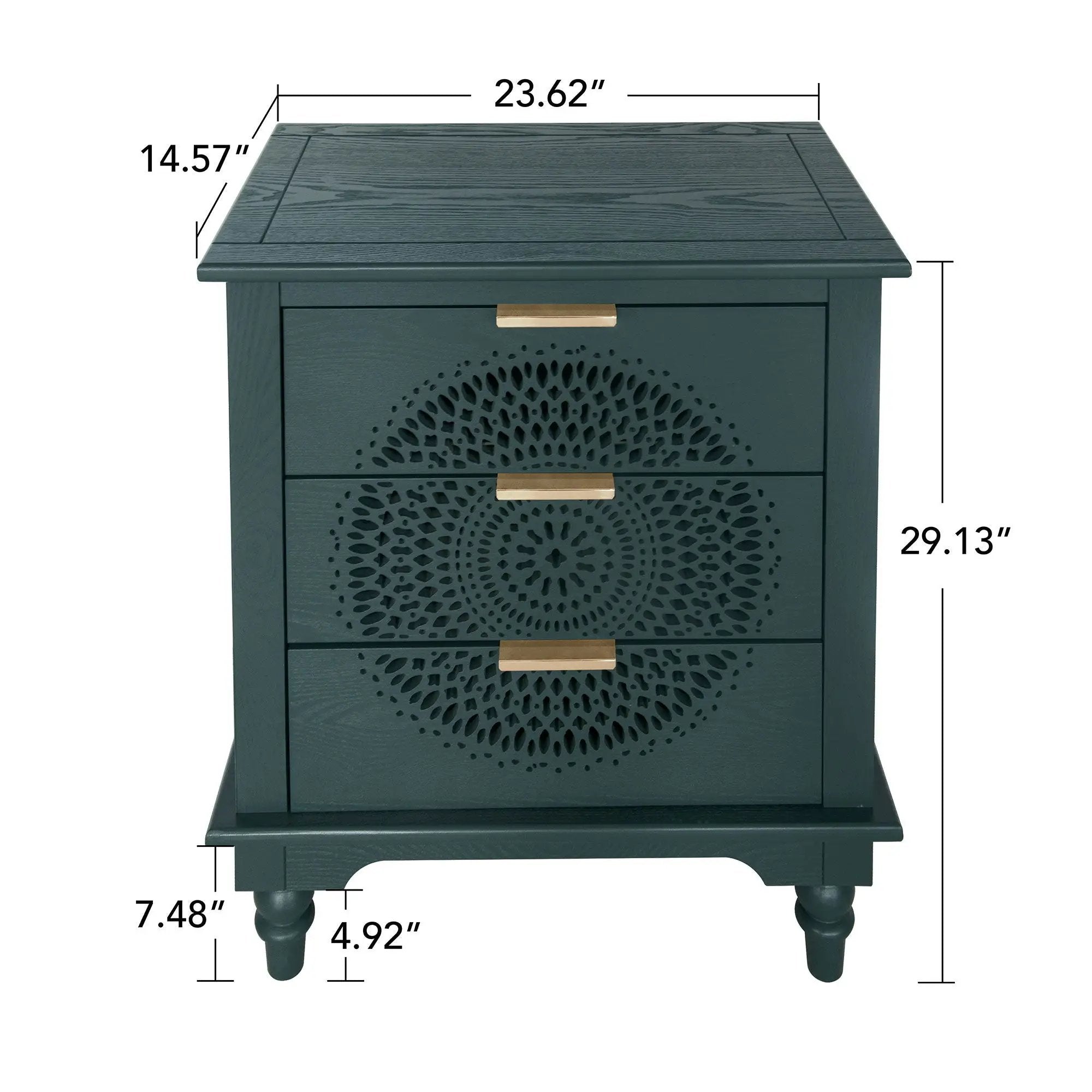 Hollow Carved 3 Drawer Dresser With Metal Handles, Storage Chest For Living Room Or Bedroom - Blackish Green by HouseOfZazla