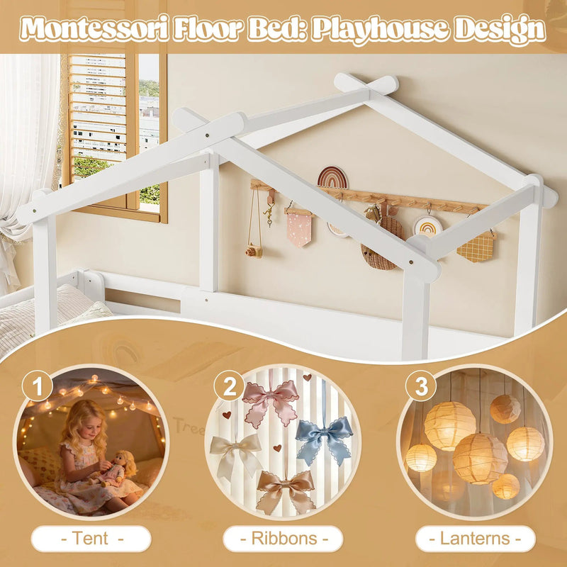 Twin Size Floor Bed with Guardrails and Roof by HouseOfZazla