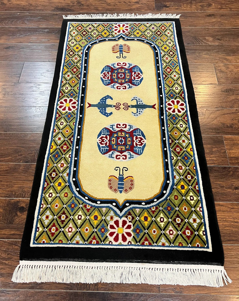 Chinese Rug 3x6 ft, Chinese Wool Rug, Tiensin Rug, Handmade Wool 3 x 6 Vintage Peking Rug, Art Deco Rug, Butterflies by Jewel Rugs