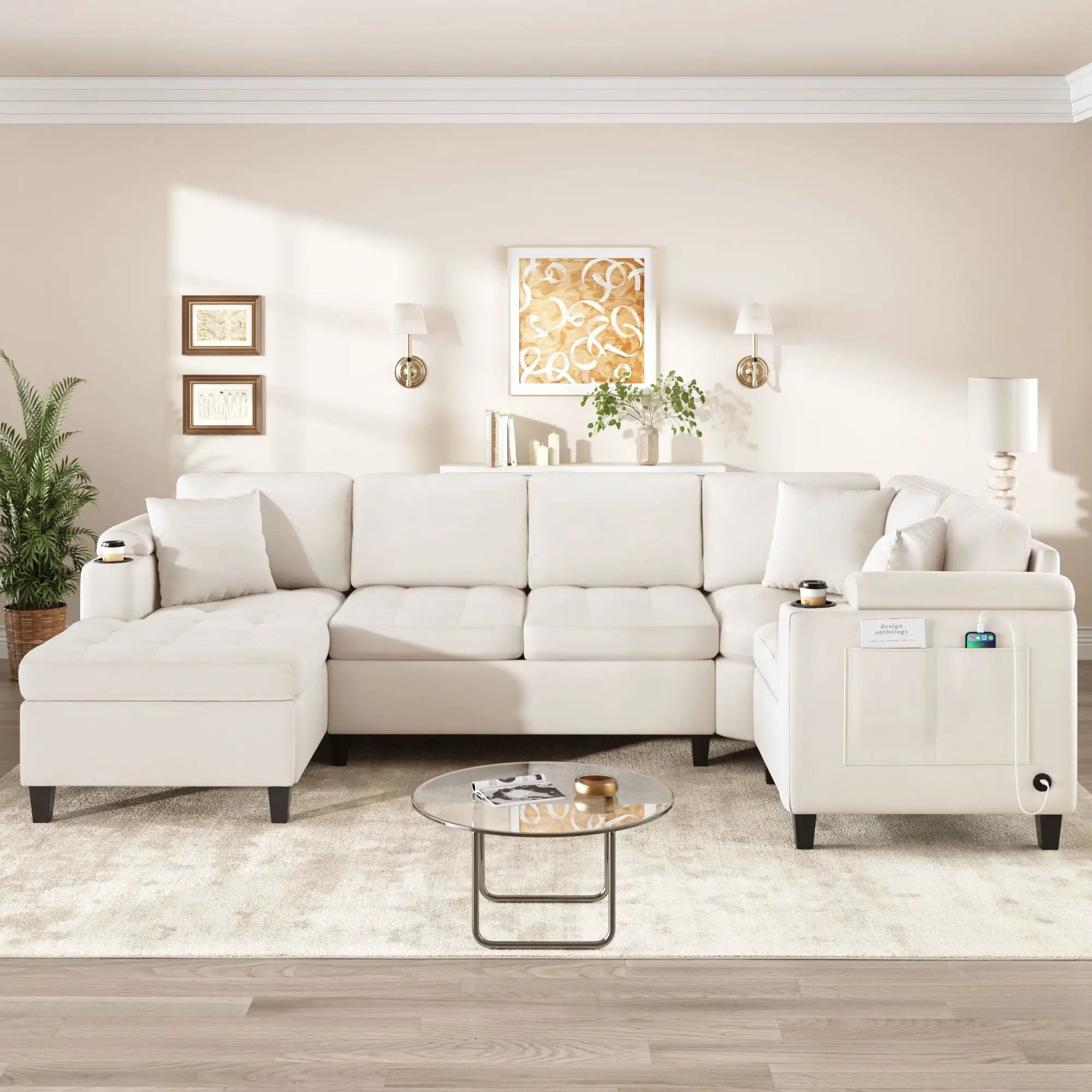 U Shaped Sectional Sofa, Corner Living Room Couch With Built In Cup Holders, Storage, USB Ports by Unique Piece Furniture