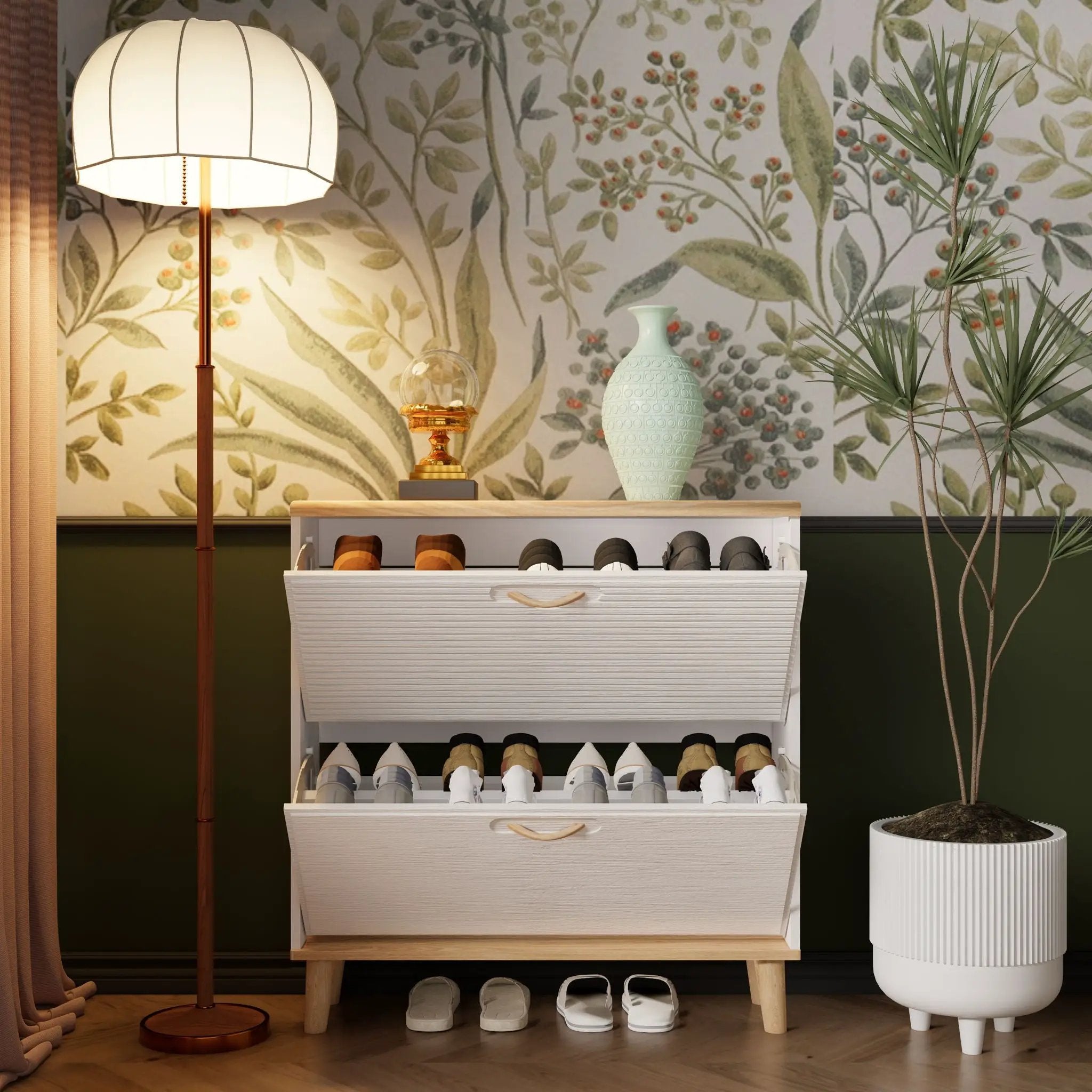 Narrow - Entryway Shoe Storage Cabinet With 2 Flip Drawers Legs - Natural / White by HouseOfZazla