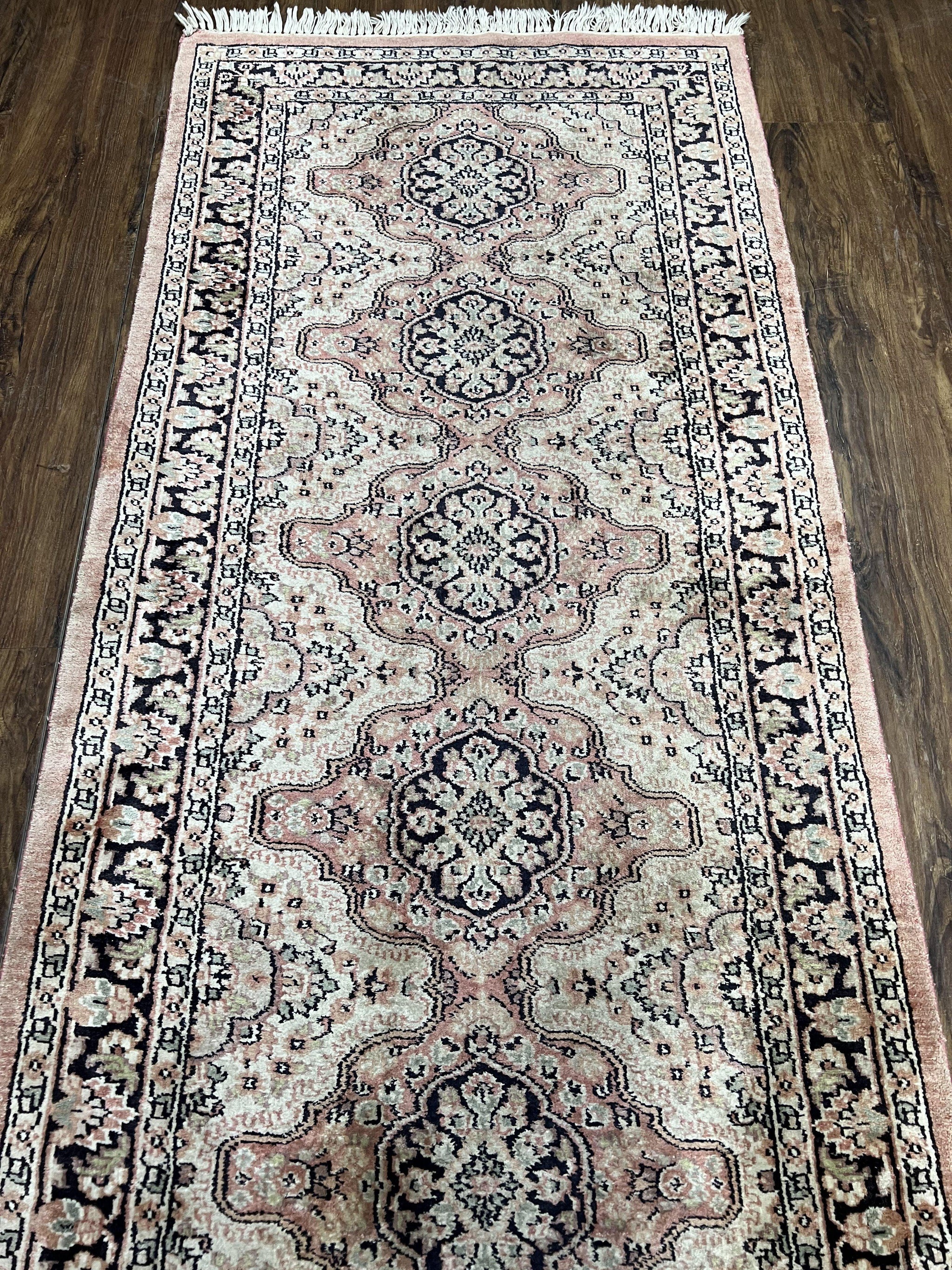 Silk Kashmiri Runner 2.7 x 10 ft Vintage Rug, Ivory Pastel Pink, Hand-Knotted Vintage Runner, Hallway Carpet, Indian Rug Medallion Runner by Jewel Rugs