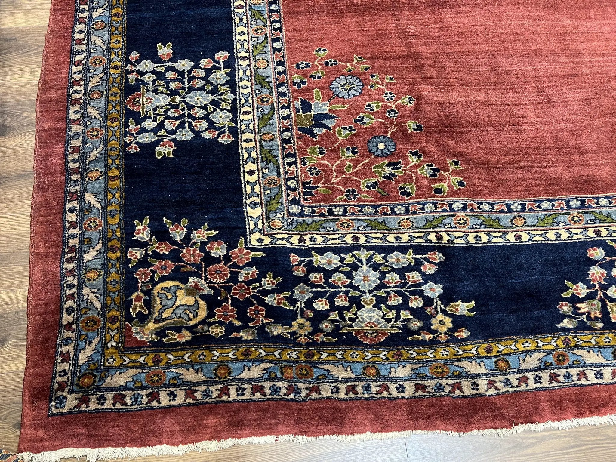 Large Persian Sarouk Rug 10x17, Open Field, Red and Navy Blue, Palace Sized Oversized Hand Knotted Wool Oriental Carpet Flowers Vases Antique 1920s by Jewel Rugs