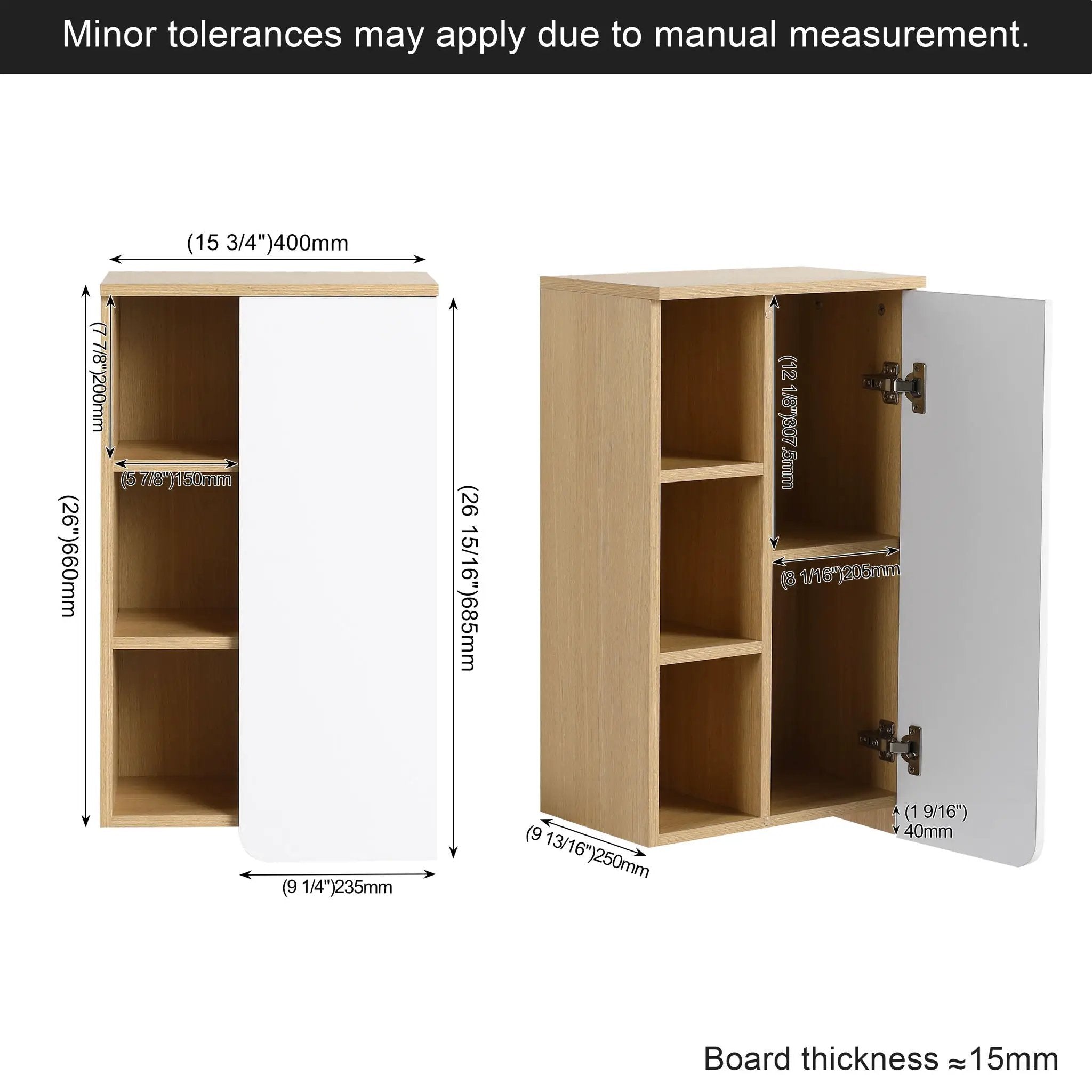 Wall Mounted Bathroom Side Cabinet, Single Door With 3 Tier Open Shelves - Black / Light Oak / White by HouseOfZazla