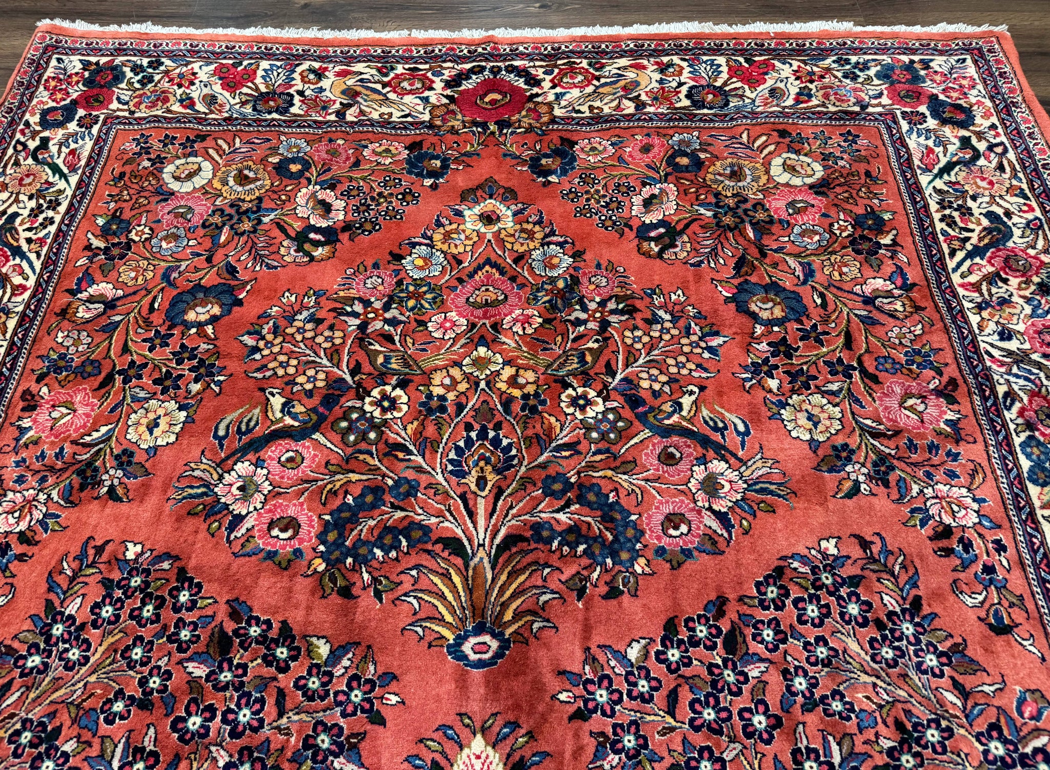 Persian Sarouk Rug 7x10, Red and Ivory, Floral Bouquets, Birds by Jewel Rugs