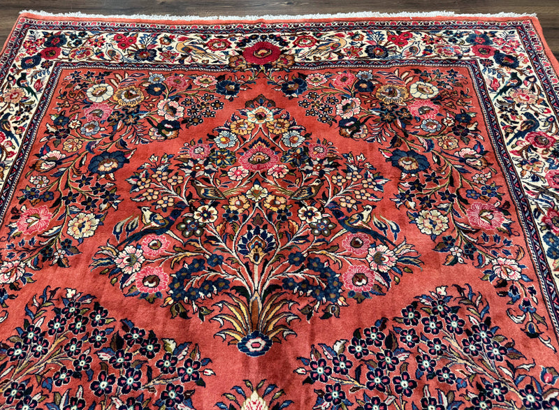 Persian Sarouk Rug 7x10, Red and Ivory, Floral Bouquets, Birds by Jewel Rugs