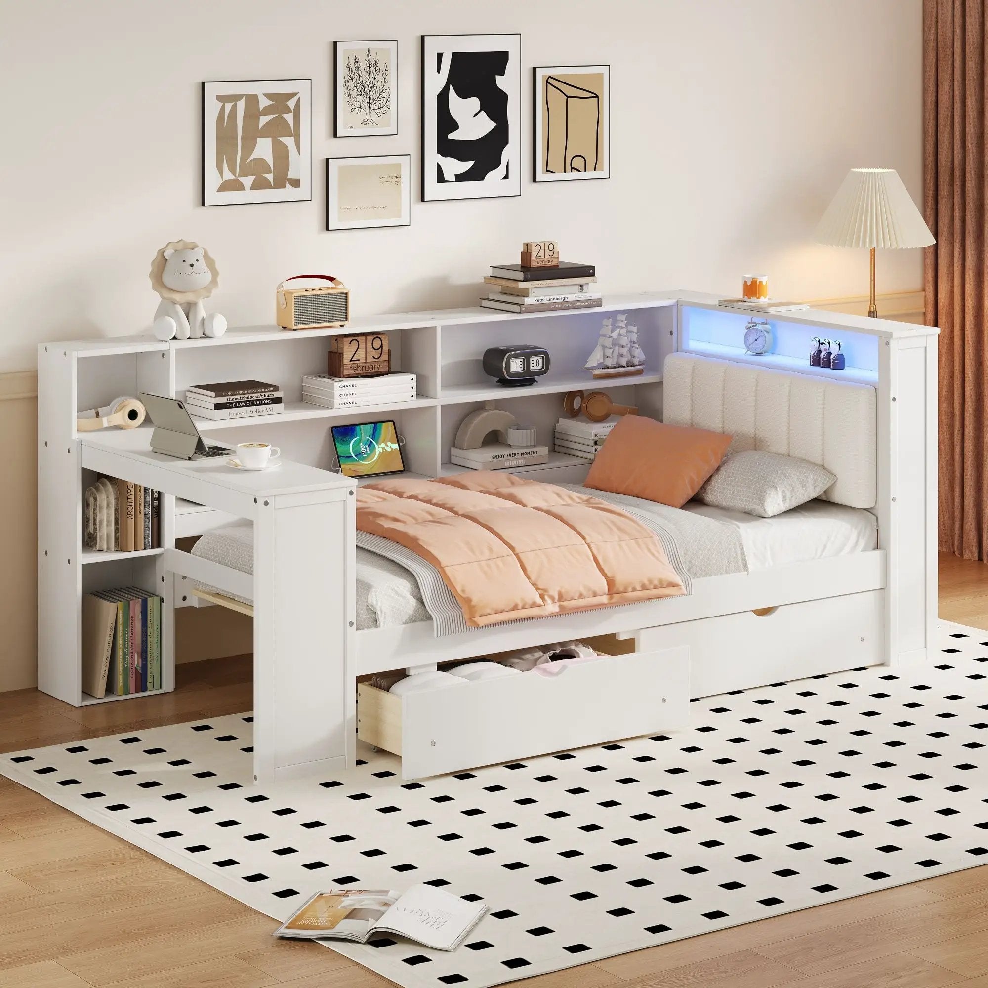 Platform Bed With Upholstered Headboard, Storage Shelves, Drawers, Charging Station, LED Lighting, Built In Desk by HouseOfZazla