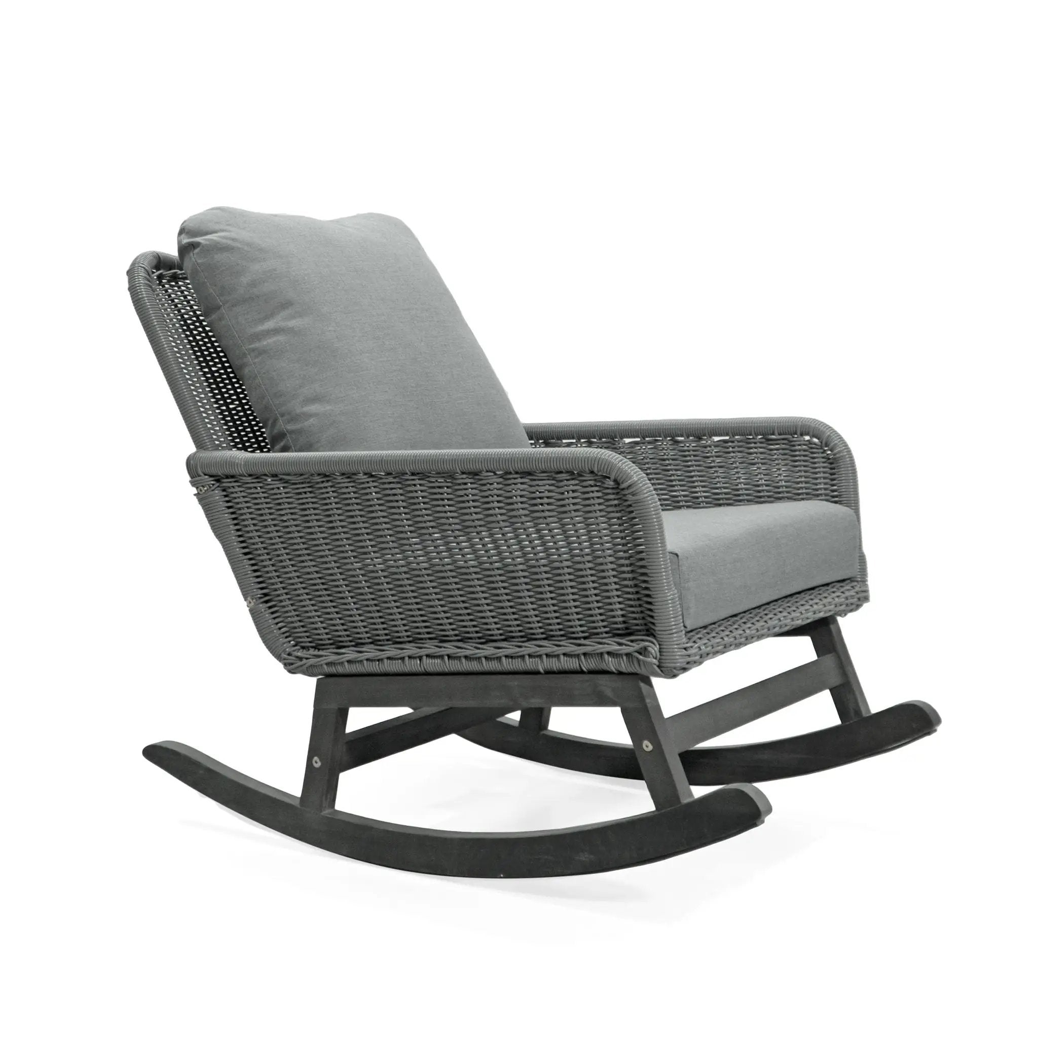 Modern 3 Piece Outdoor Seating Set with Cushioned Rattan Rocking Chairs and Wooden Accent Table by HouseOfZazla